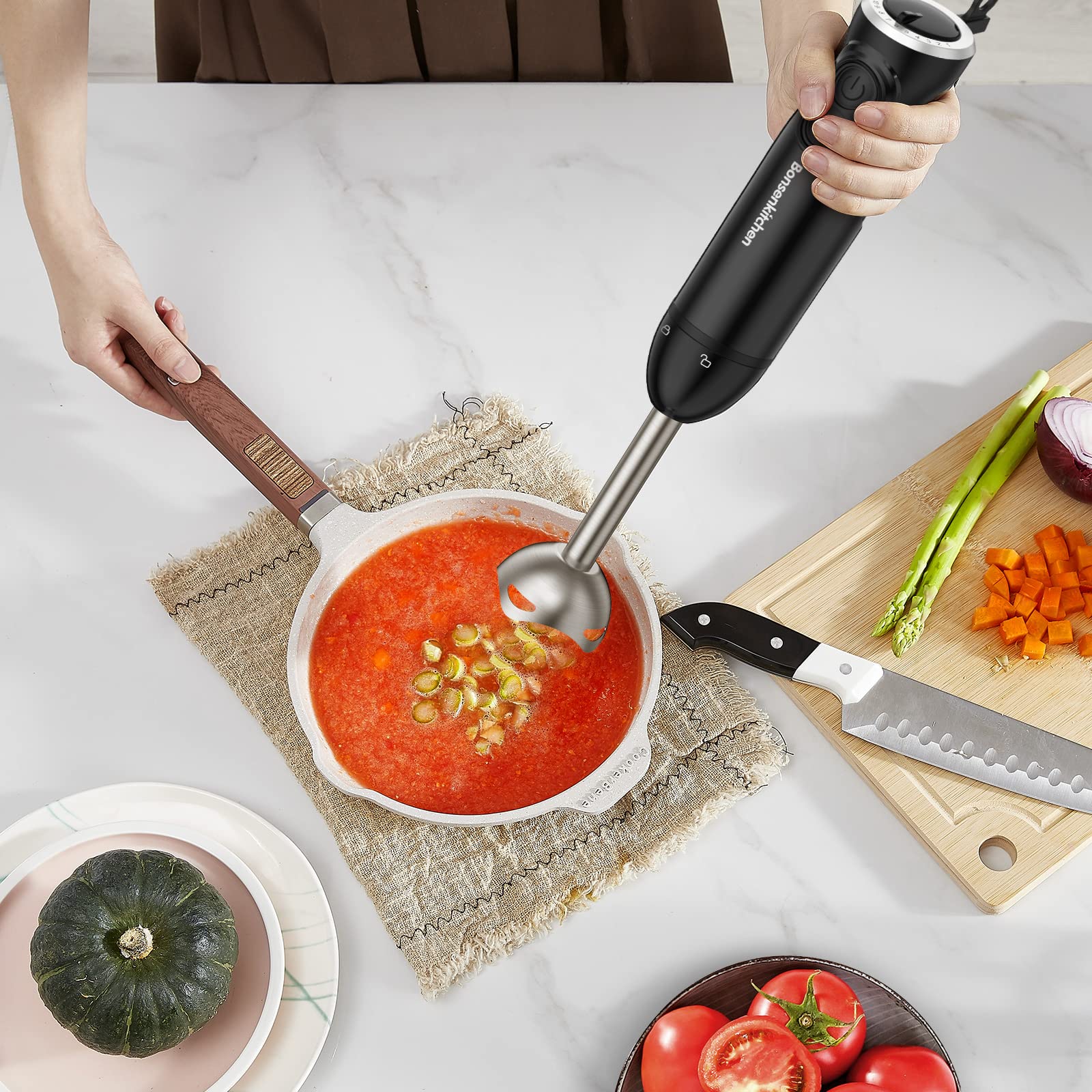 Bonsenkitchen 12-Speed Immersion Hand Blender with Stainless Steel Blade - Electric Stick Blender for Baby Food, Smoothies, Soups & Sauces - Perfect for Kitchen, Baby Care & Meal Prep (Black, Model HB3201)
