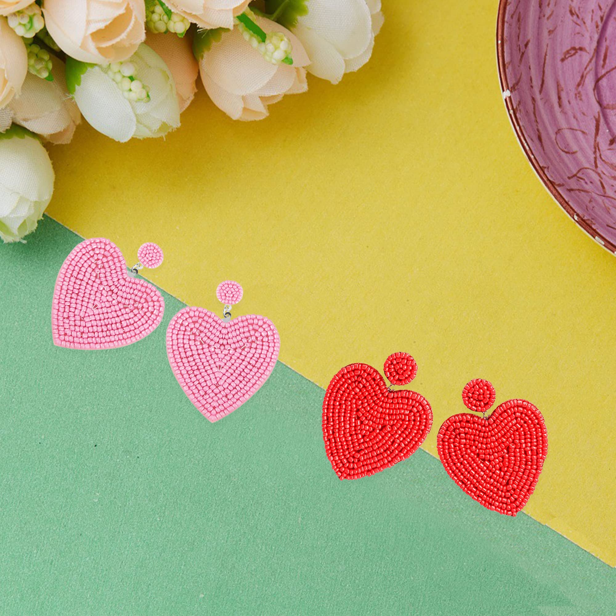 2 Pairs Handmade Bohemian Seed Bead Heart Hoop Dangle Earrings - Red & Pink Drop Earrings for Women | Perfect for Festivals, Parties & Boho Fashion Accessories