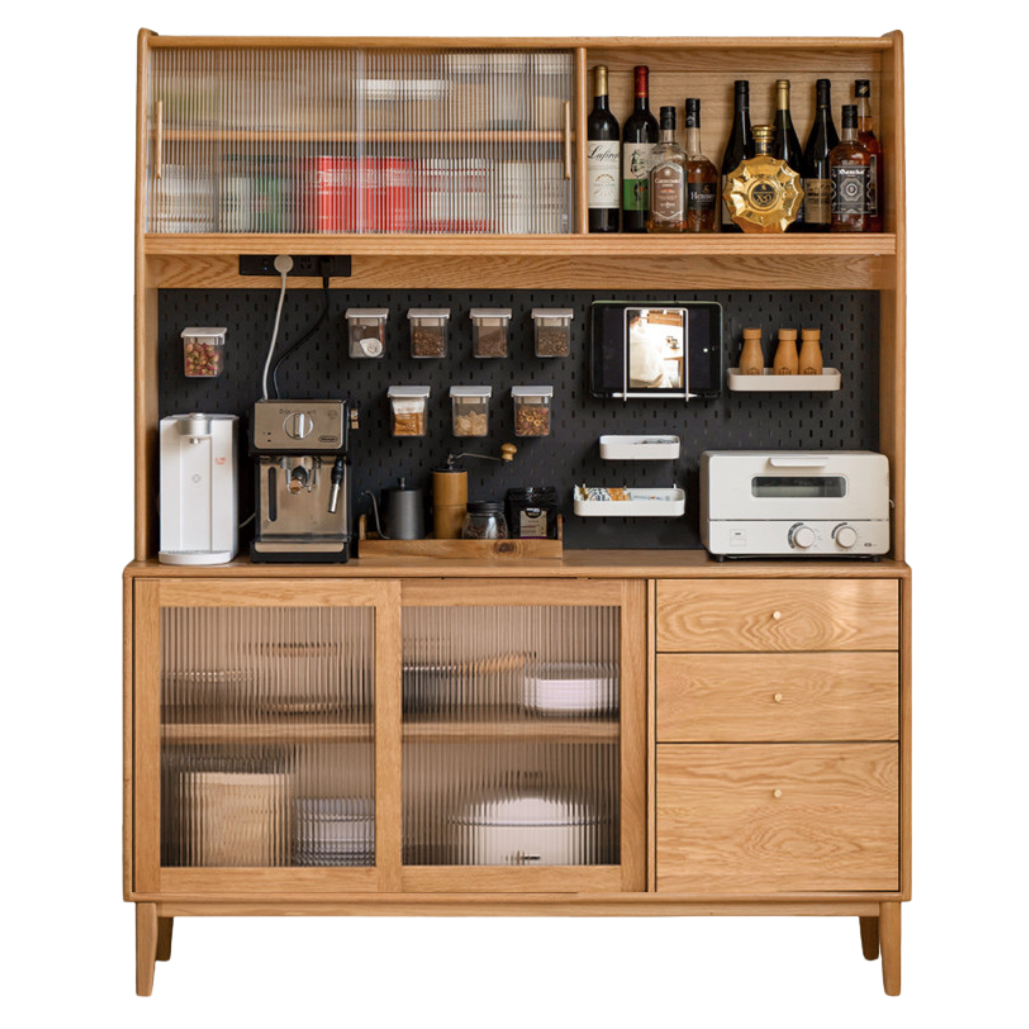 49.2x15.8x71.6 inch / 125x40x182.5сm / Natural wood color / solid wood sliding door sideboard + shelf + Bull socket
