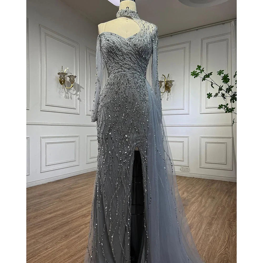 Elegant Blue Beaded Mermaid Evening Dress with High Slit for Women - Wedding, Party, Prom & Formal Gowns - Perfect for 2025 Special Occasions & Arabic Celebrations