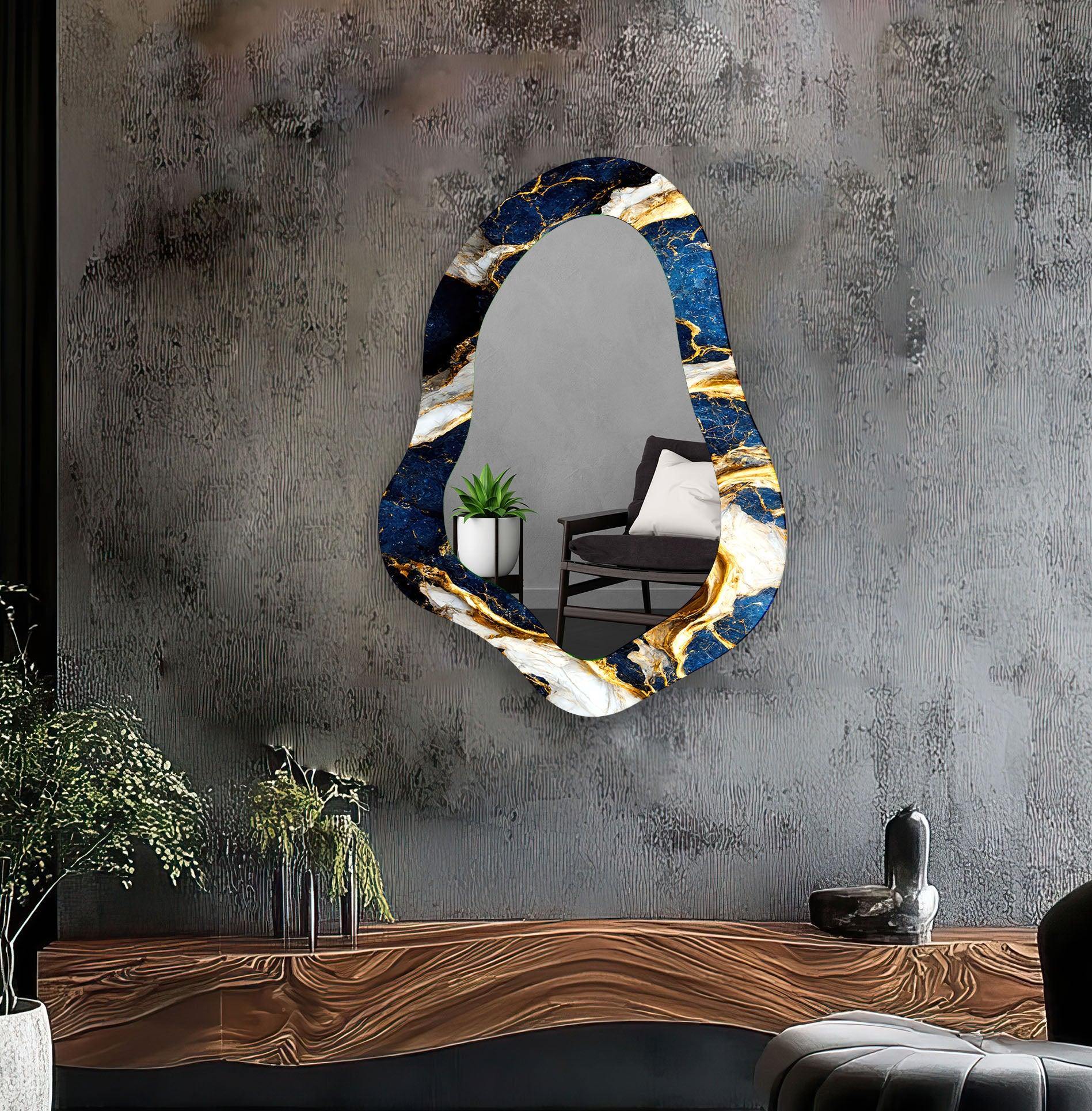 Blue & Gold Marble Bathroom Wall Mirror - Elegant Vanity Mirror for Makeup & Shaving - Perfect for Modern Bathroom Decor & Bedroom Vanity