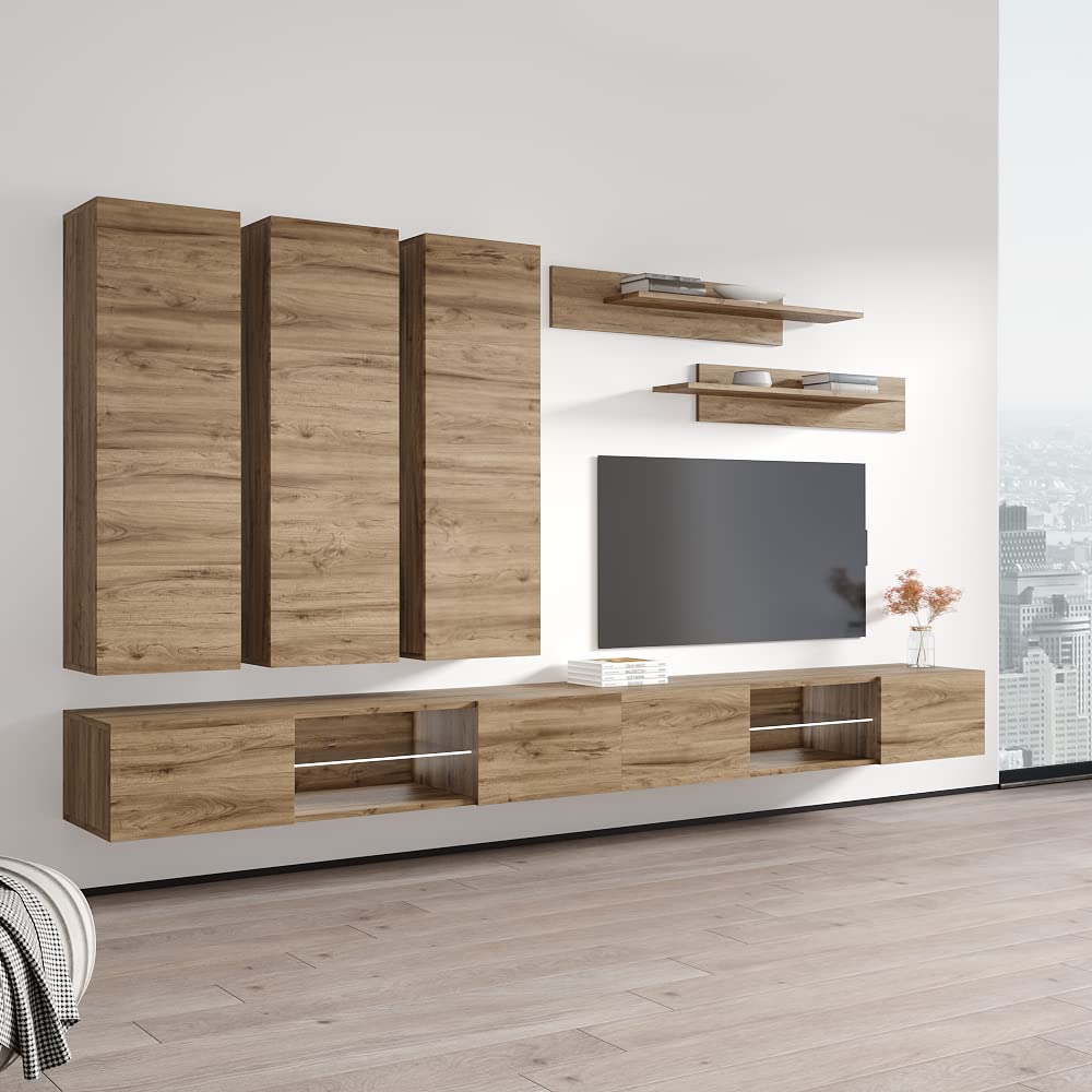Modern Oak Wall-Mounted TV Stand with Storage Shelves - Fly CD2 33 Entertainment Center Console for Living Room & Bedroom - Space-Saving Media Storage Solution for TVs, Gaming Consoles & Home Decor