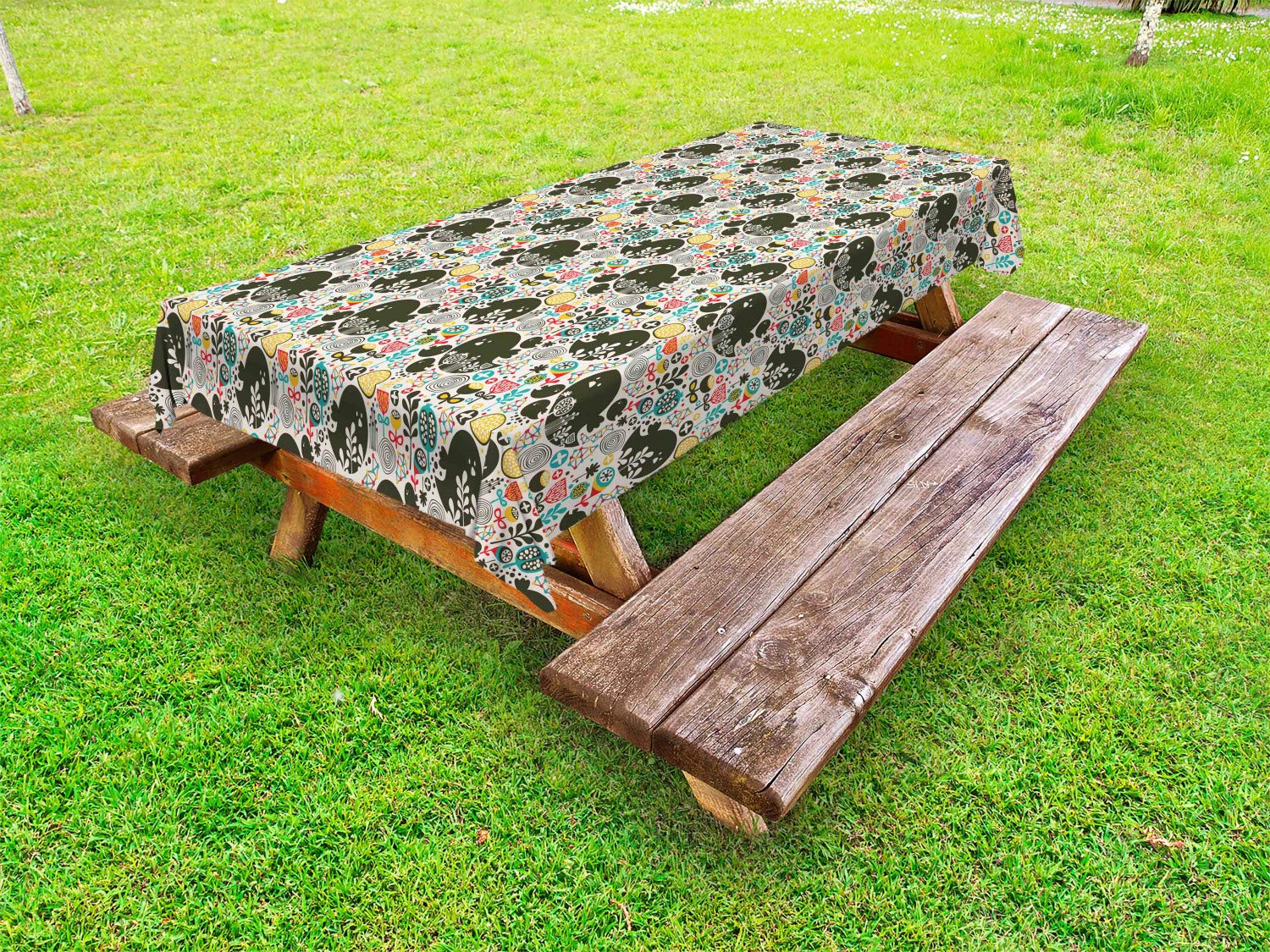 Ambesonne Hand-Painted Style Outdoor Tablecloth - Washable Picnic Table Cover with Birds, Flowers & Geometric Patterns, 58x120 Inches, Multicolor - Perfect for Garden Parties, BBQs & Outdoor Dining