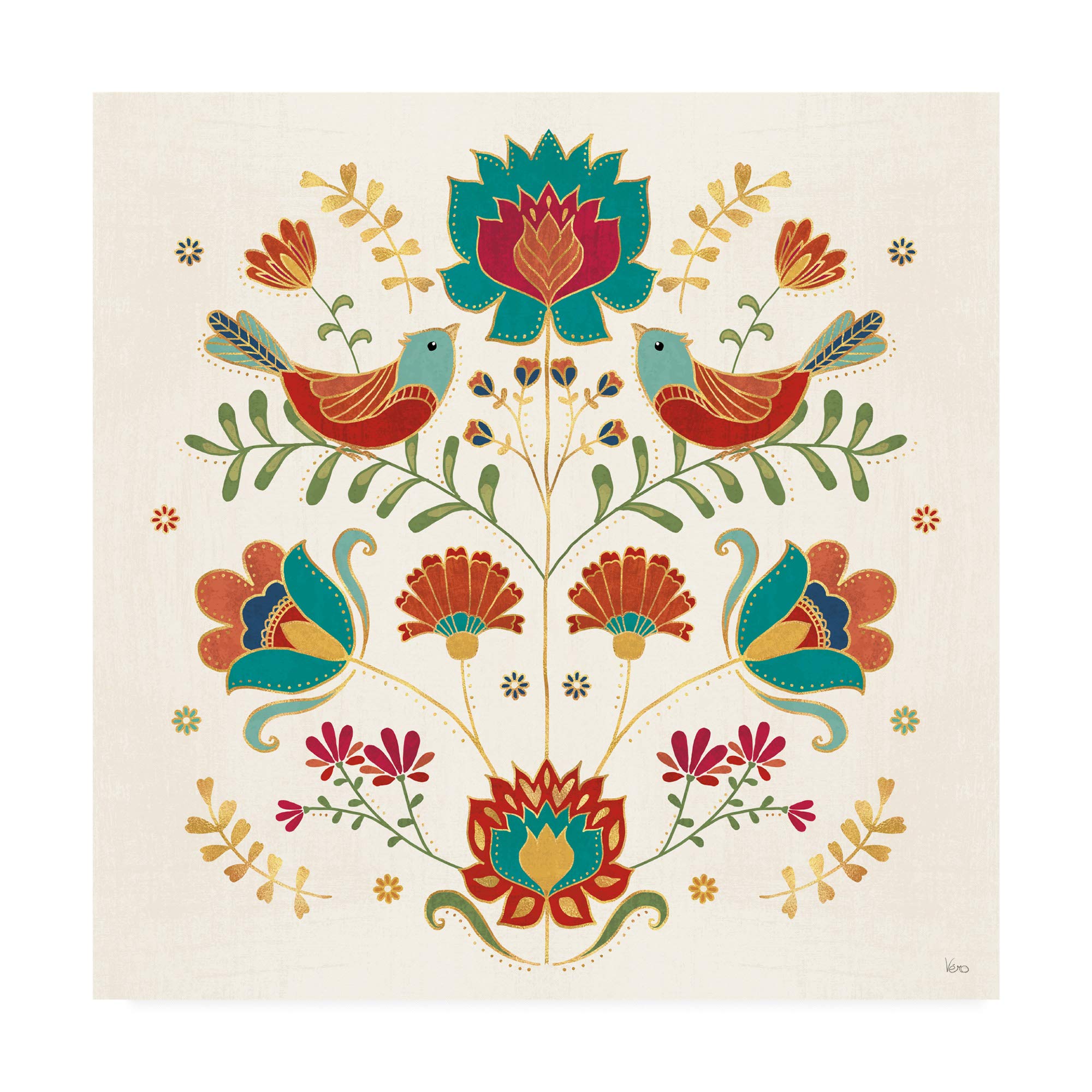 Trademark Fine Art Folk Floral 2 by Veronique Charron - 18x18 Inch Square Canvas Wall Art - Perfect for Living Room, Bedroom & Office Decor