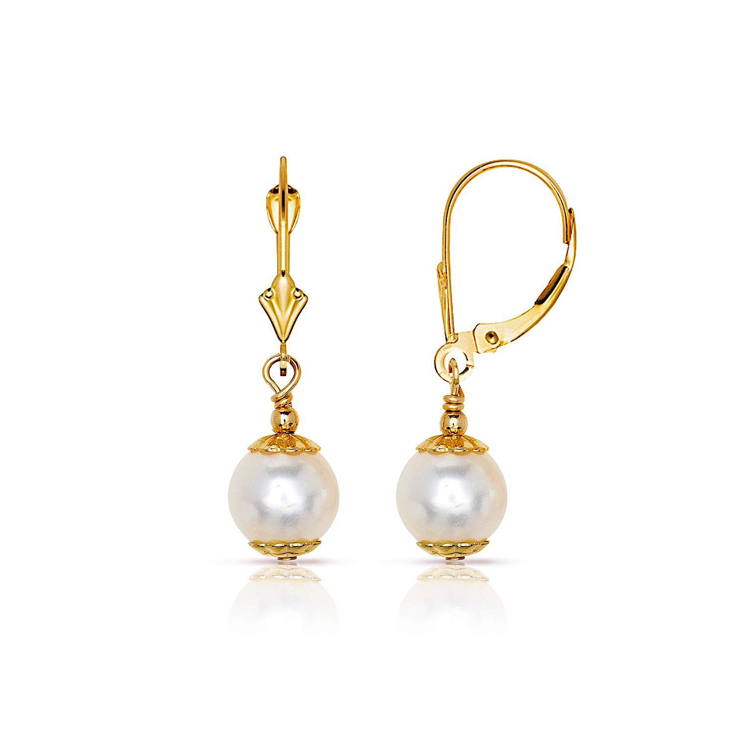 14K Yellow Gold White Freshwater Pearl Drop Earrings for Women - 3 Adjustable Lengths | Elegant Dangle Earrings for Wedding, Party & Everyday Wear