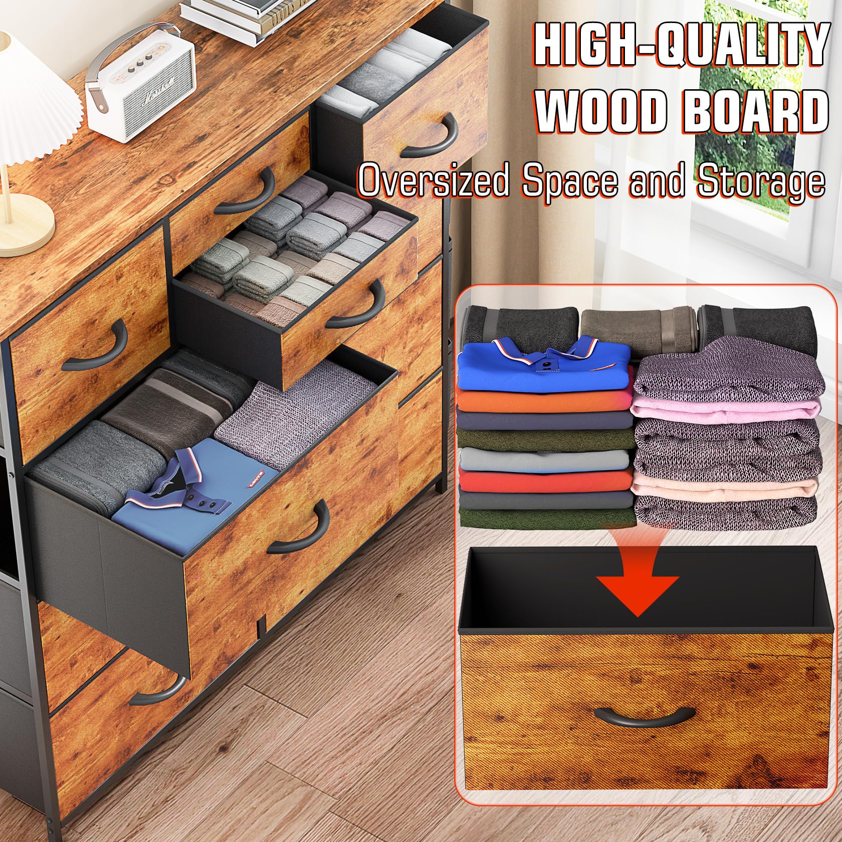 10-Drawer Dresser with Wooden Top & Metal Frame - Fabric Storage Chest with Side Pockets & Hooks for Bedroom, Living Room, Closet & Hallway Organization (Brown) | Perfect for Small Spaces & Home Decor