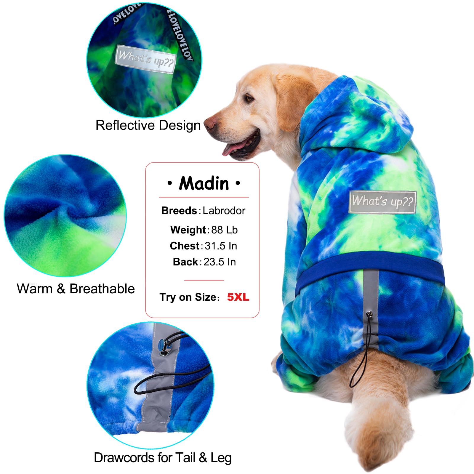Yeapeeto Winter Dog Hoodie - Fleece Pullover Coat with Hood for Large & Medium Dogs, 4-Legs Warm Sweatshirt for Cold Weather (Bandhnu Green, X-Large) - Perfect for Outdoor Walks & Winter Adventures