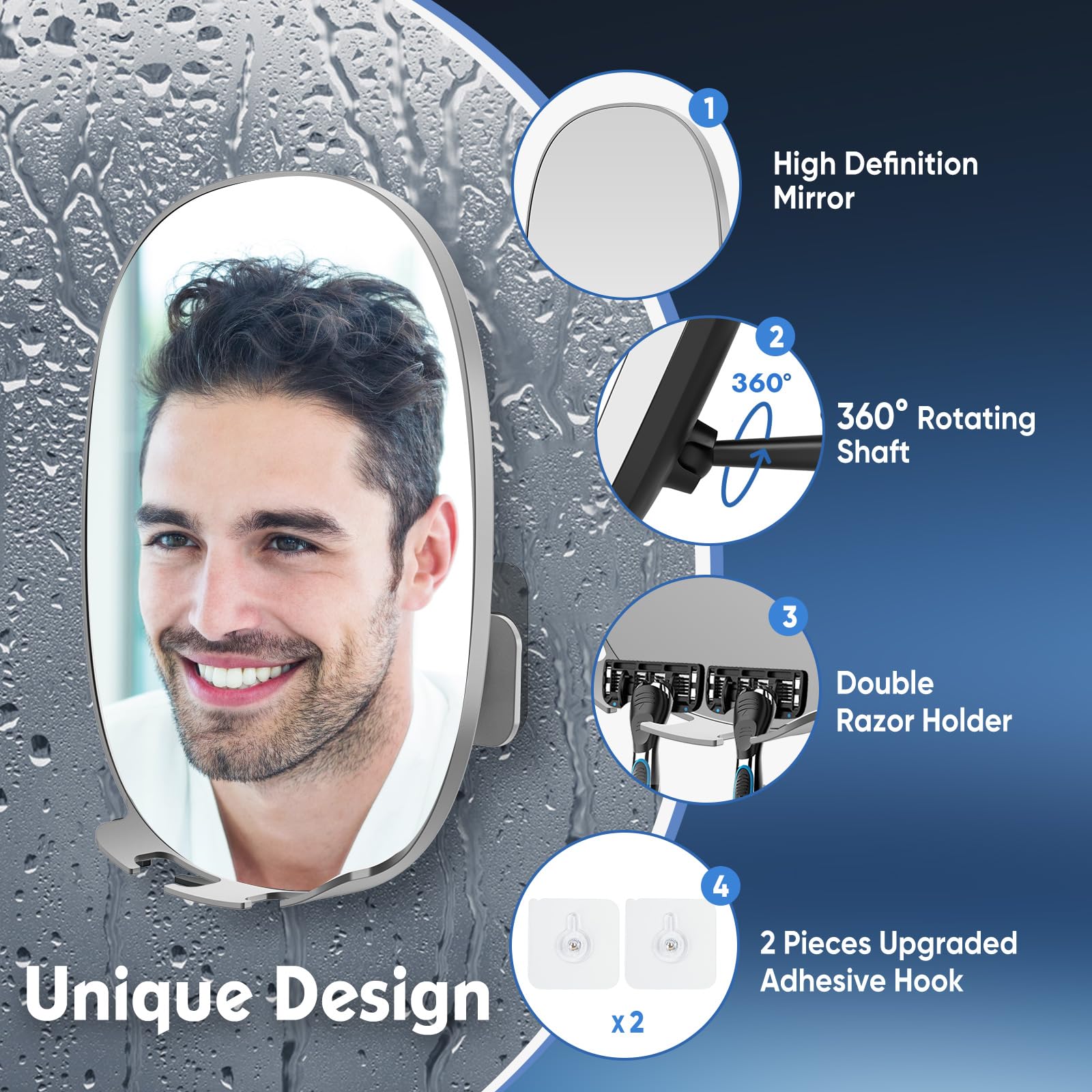 Fogless Shower Mirror for Shaving - 360° Rotation, No-Drilling Adhesive Mount, Shatterproof & Waterproof Bathroom Mirror with Razor Holders - Perfect for Close Shaves & Grooming in Steamy Showers (Grey)