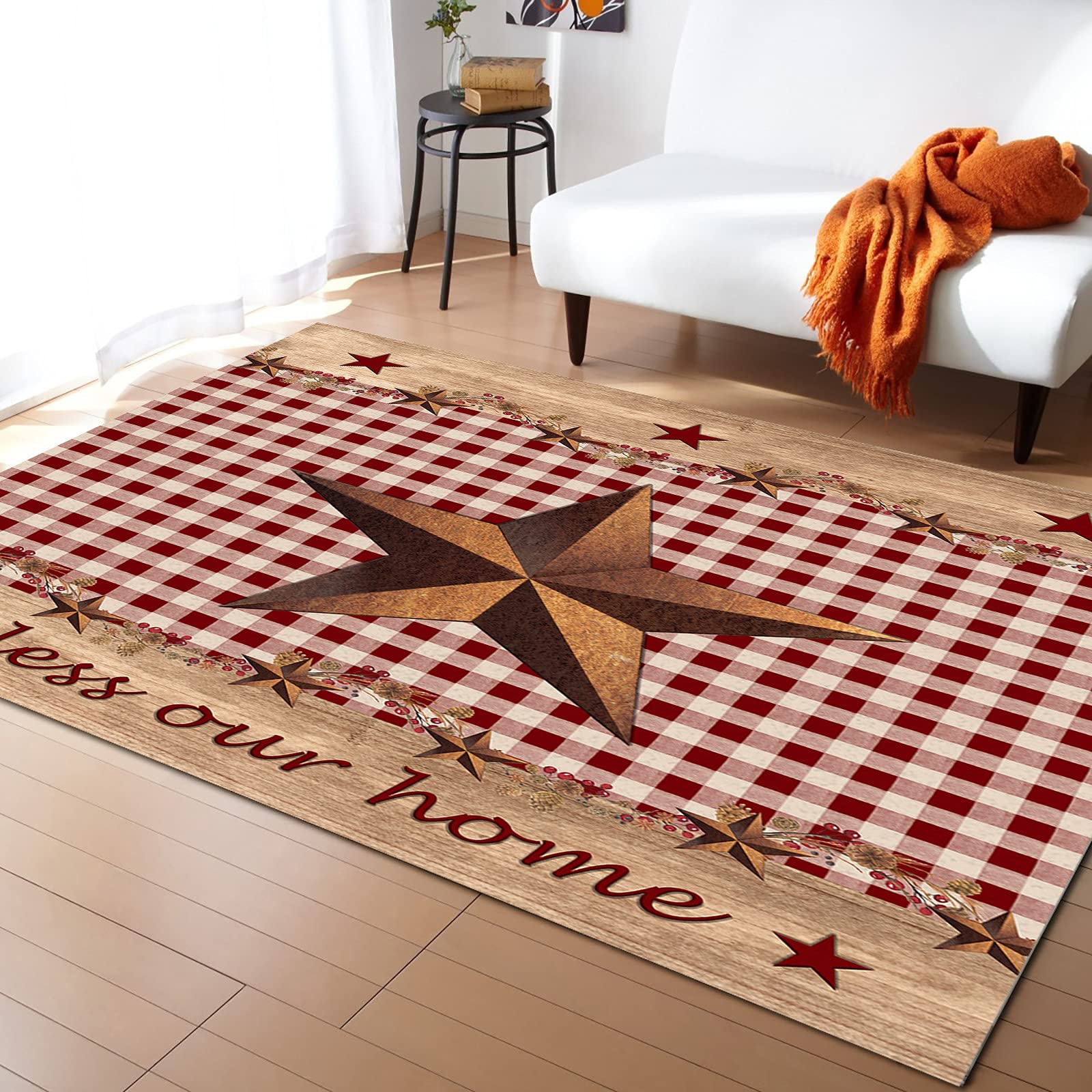 4'x6' Non-Shedding Outdoor Rug - Buffalo Check Plaid in Retro Red & White - Perfect for Bedroom, Living Room, Kitchen & Bathroom Decor | Durable Country Star with Berry Design for Wood Home & Patio Use