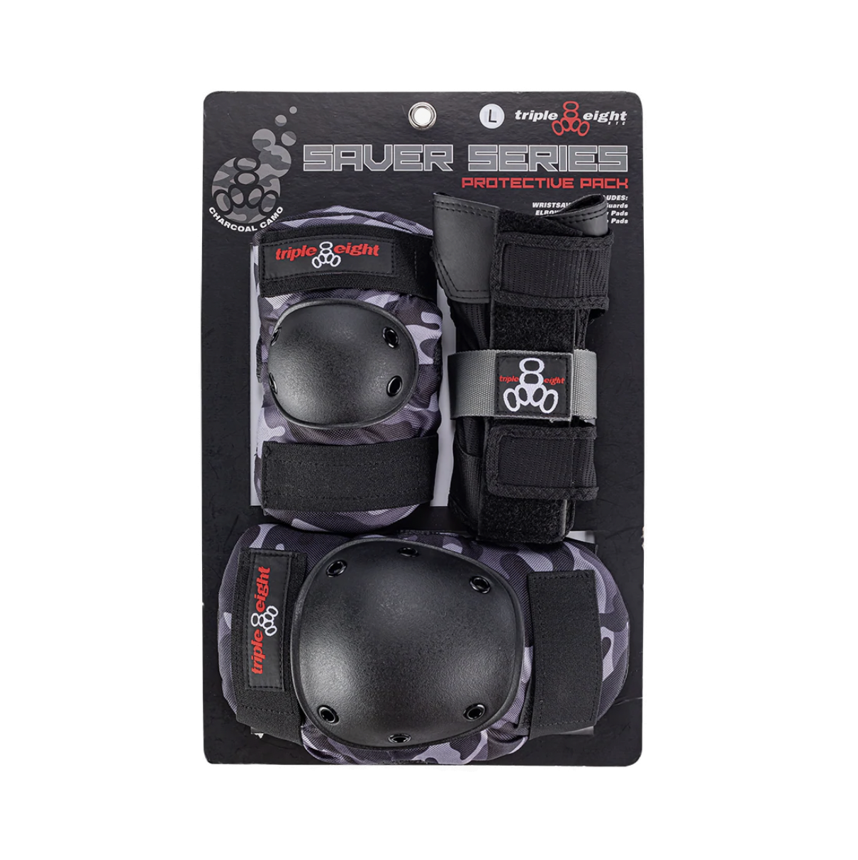 T8 Saver High Impact Protective Gear for Skateboarding - 3 Pack in Charcoal Camo | Durable Knee & Elbow Pads for Extreme Sports & Street Skating
