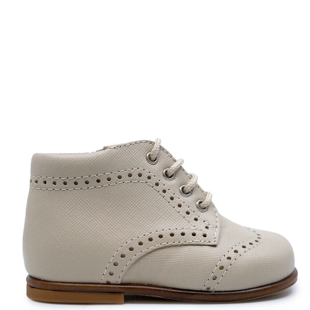 Beberlis Taupe Textured Wingtip Baby Booties - Soft Leather First Walkers for Boys & Girls - Perfect for Special Occasions & Photo Shoots