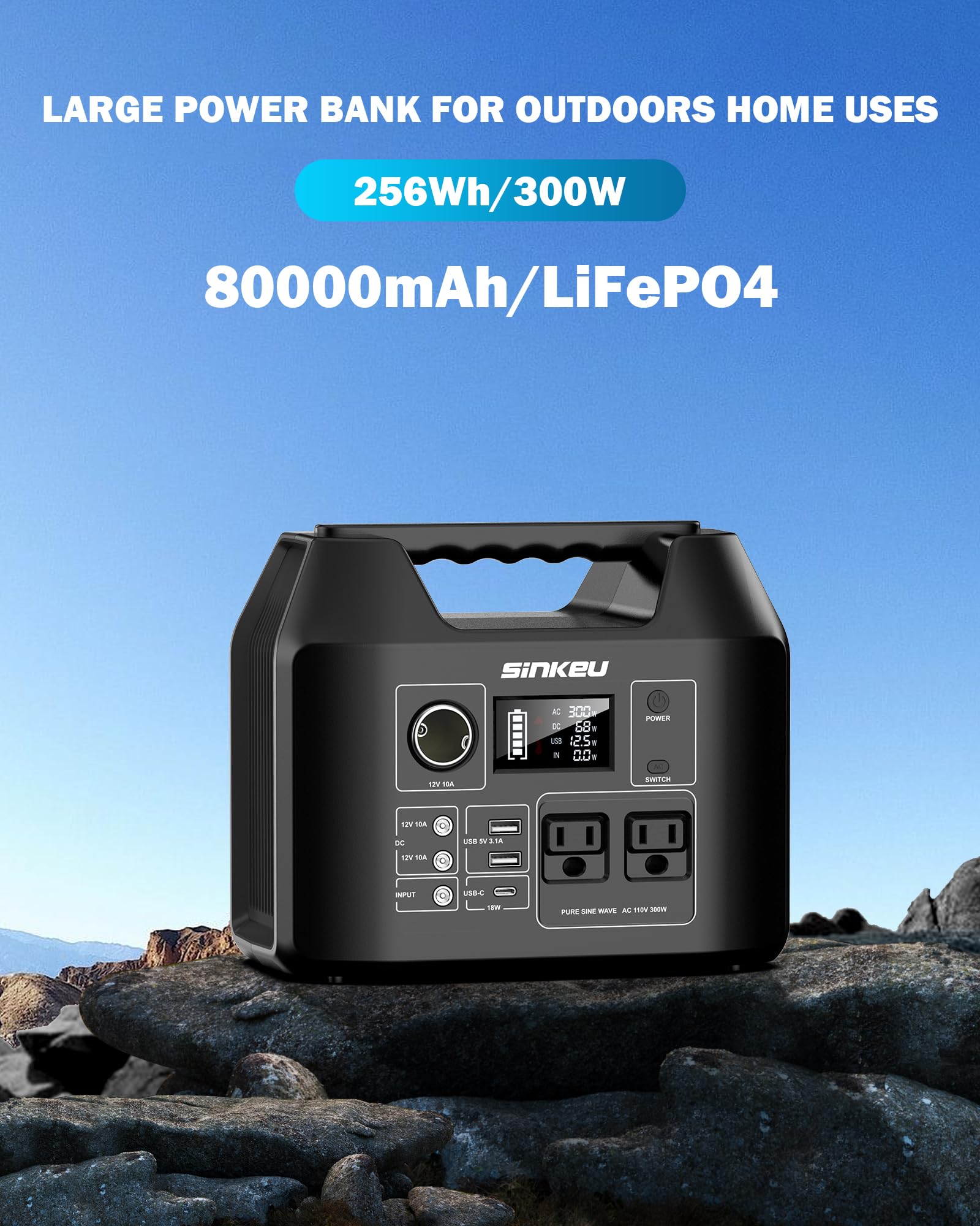 SinKeu 80000mAh Portable Power Station - 256Wh LiFePO4 Battery with 110V AC/DC 65W Output, 15W USB-A & 18W USB-C PD - Solar Generator for Camping, RV Travel, Emergency Backup & Outdoor Adventures - Perfect for Powering Devices During Blackouts or Off-Grid Living