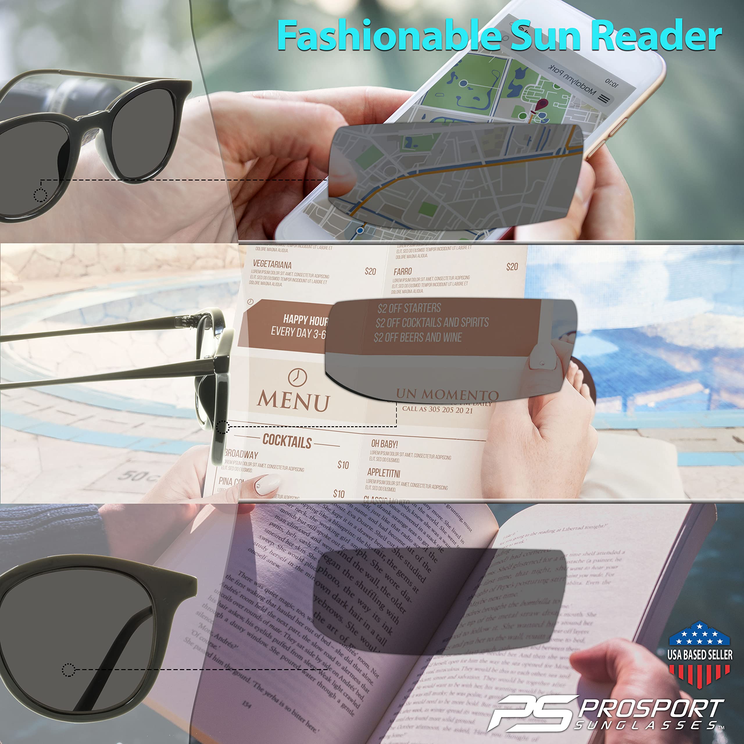 proSPORT Reader Sunglasses for Men & Women - Full Lens No-Line Reading Glasses (Non-Bifocal) - Perfect for Reading Outdoors, Driving & Sports Activities