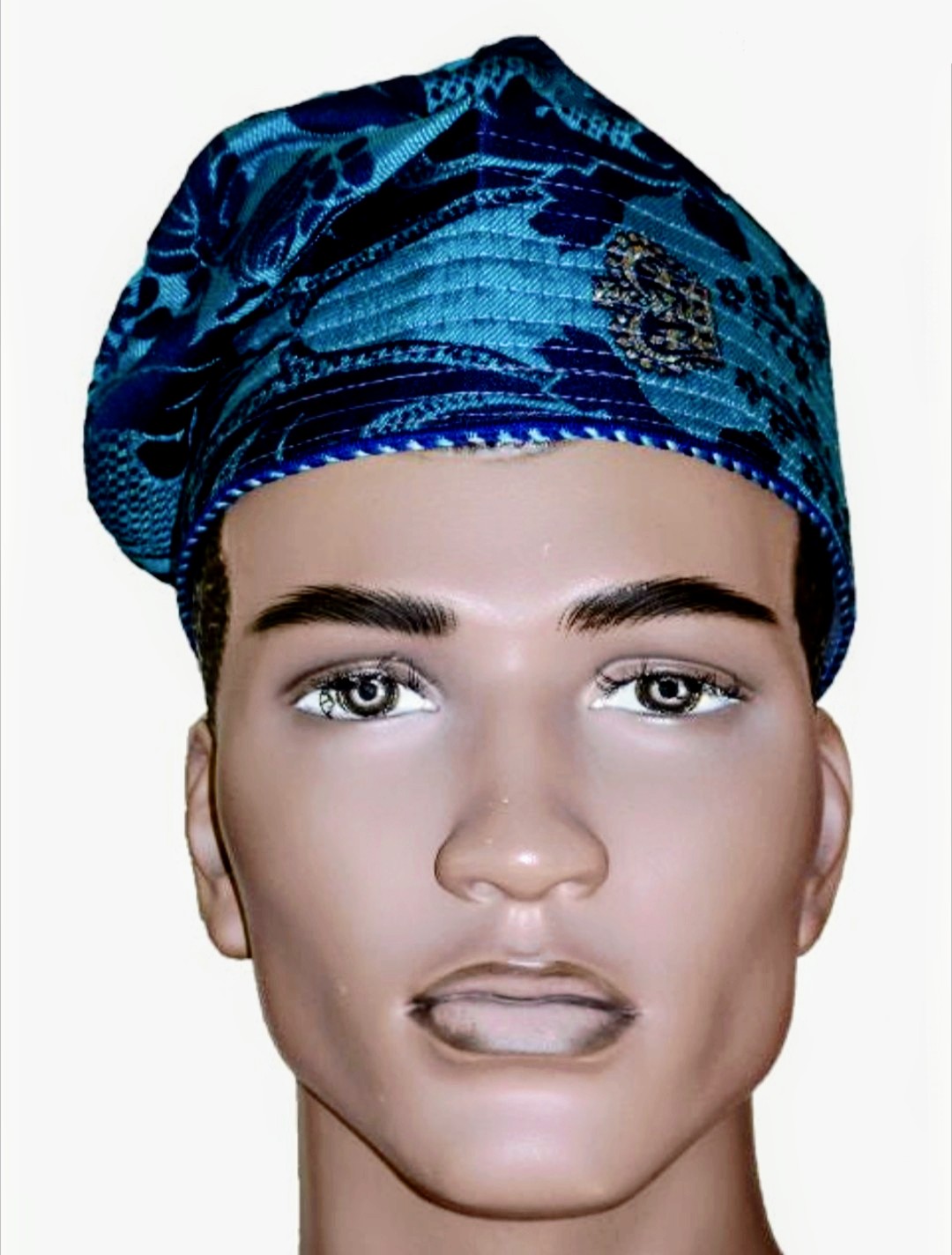 Stylish Teal & Navy Blue African Damash Kufi Cap - Traditional Fila Hat for Men - Perfect for Weddings, Cultural Events & Everyday Wear | DPH265