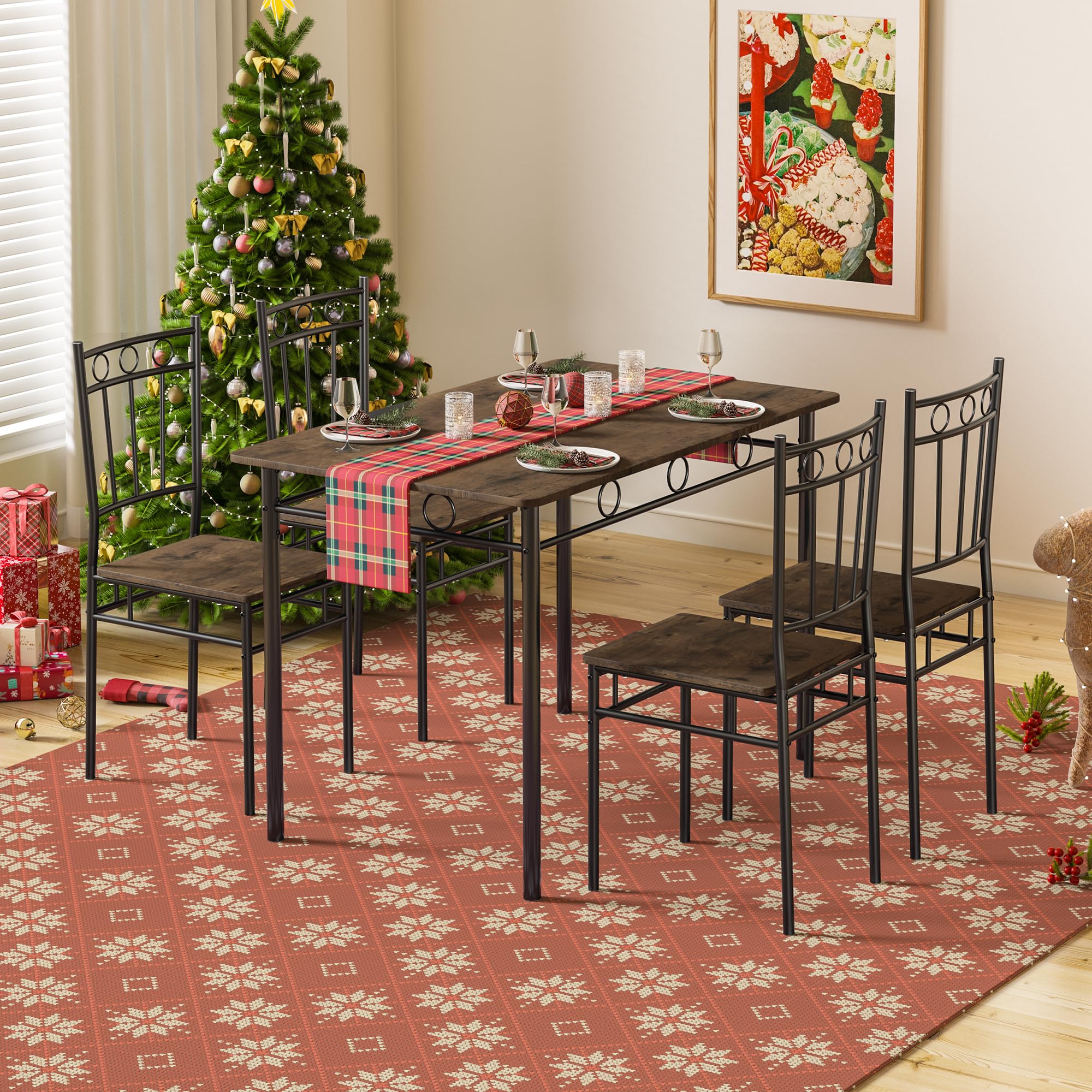 5-Piece Retro Brown Dining Table Set for 4 - Space-Saving Rectangular Kitchen Table with 4 Chairs - Perfect for Small Spaces, Apartments & Dinettes - Ideal for Family Meals, Breakfast Nooks & Cozy Dining Areas