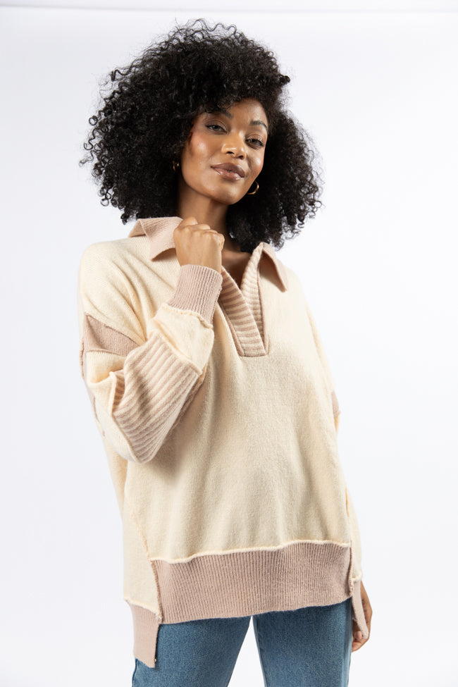 Think About It Cream and Mauve Collared Oversized Sweater for Women | Cozy Winter Pullover | Perfect for Casual Outfits, Office Wear & Date Nights