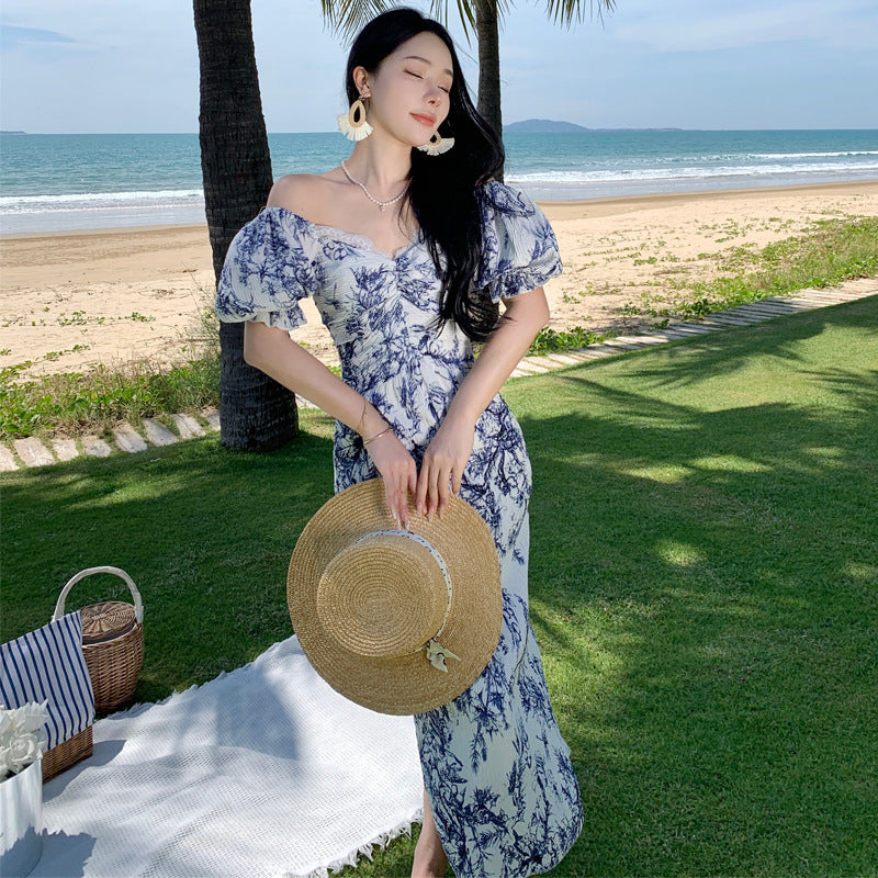 French Square Neck Puff Sleeve Off Shoulder Long Dress - Elegant Summer Midi Dress for Women, Perfect for Beach Vacation, Wedding Guest & Date Night Outfits