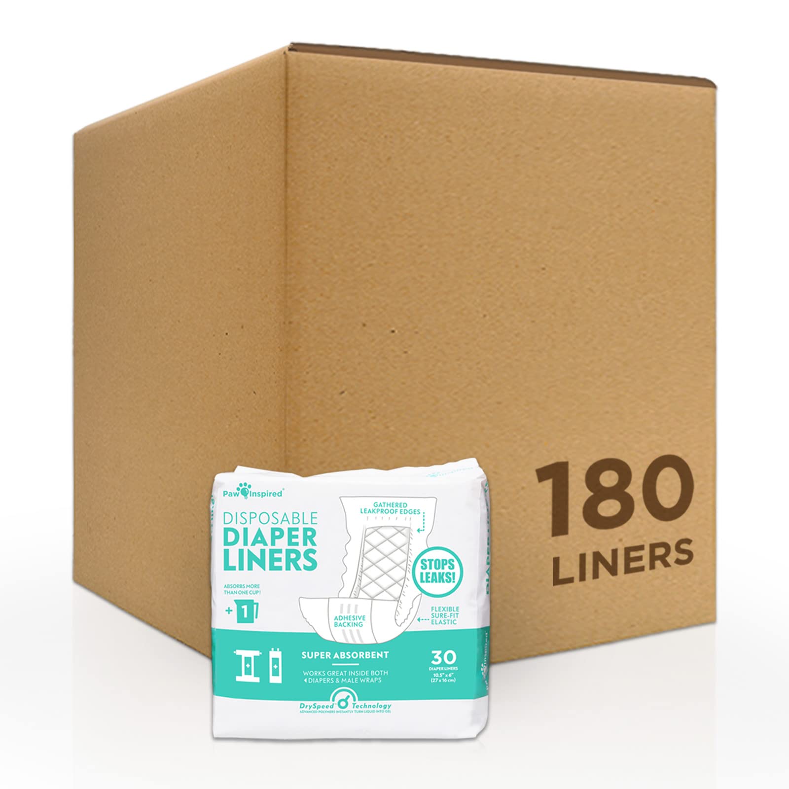 Premium Paw Inspired Dog Diaper Liners - Super Absorbent Leakproof Inserts for Washable Covers, Female Dog Diapers & Male Belly Bands (180 Count) - Perfect for Incontinence, Travel & Post-Surgery Care