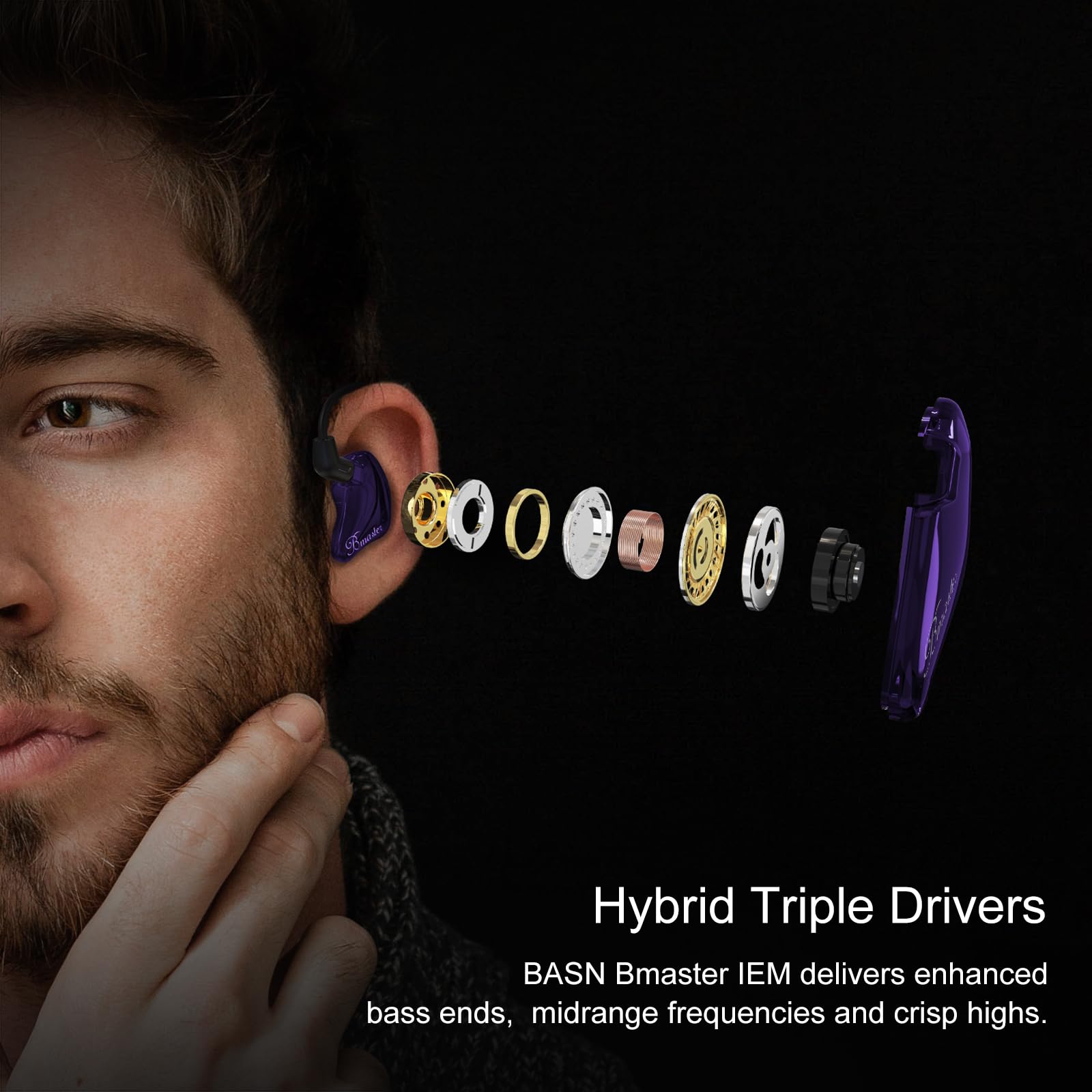 BASN Bmaster Triple Driver in-Ear Monitors with Silver-Plated MMCX Cable - Professional Studio Headphones for Musicians, Sound Engineers & DJs - Perfect for Live Performances, Recording & Mixing (Violet)