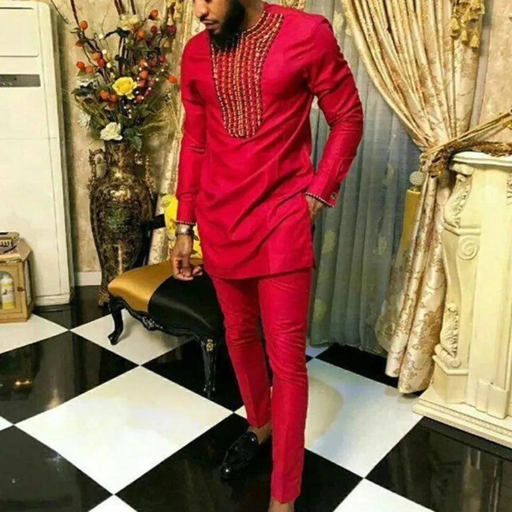 Men's Classic Embroidered African Outfit Set - Traditional Dashiki Shirt & Pants - Perfect for Cultural Events, Weddings & Festivals