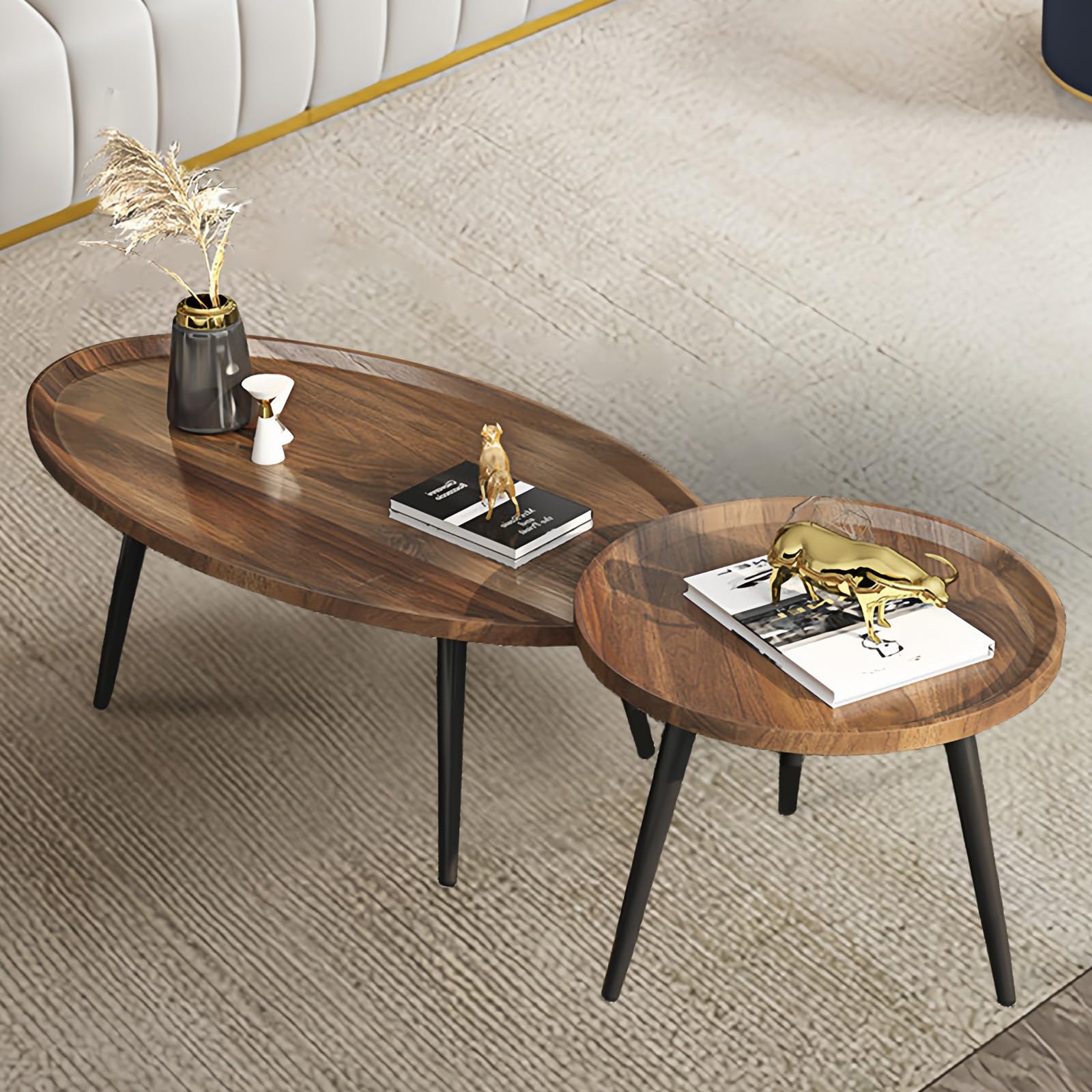 Modern Oval Nesting Coffee Table Set of 2 with Wood Legs - Walnut Finish Living Room, Bedroom & Office Accent Tables (31.5”+19.6”) - Perfect for Small Spaces, Conversation Areas & Home Decor