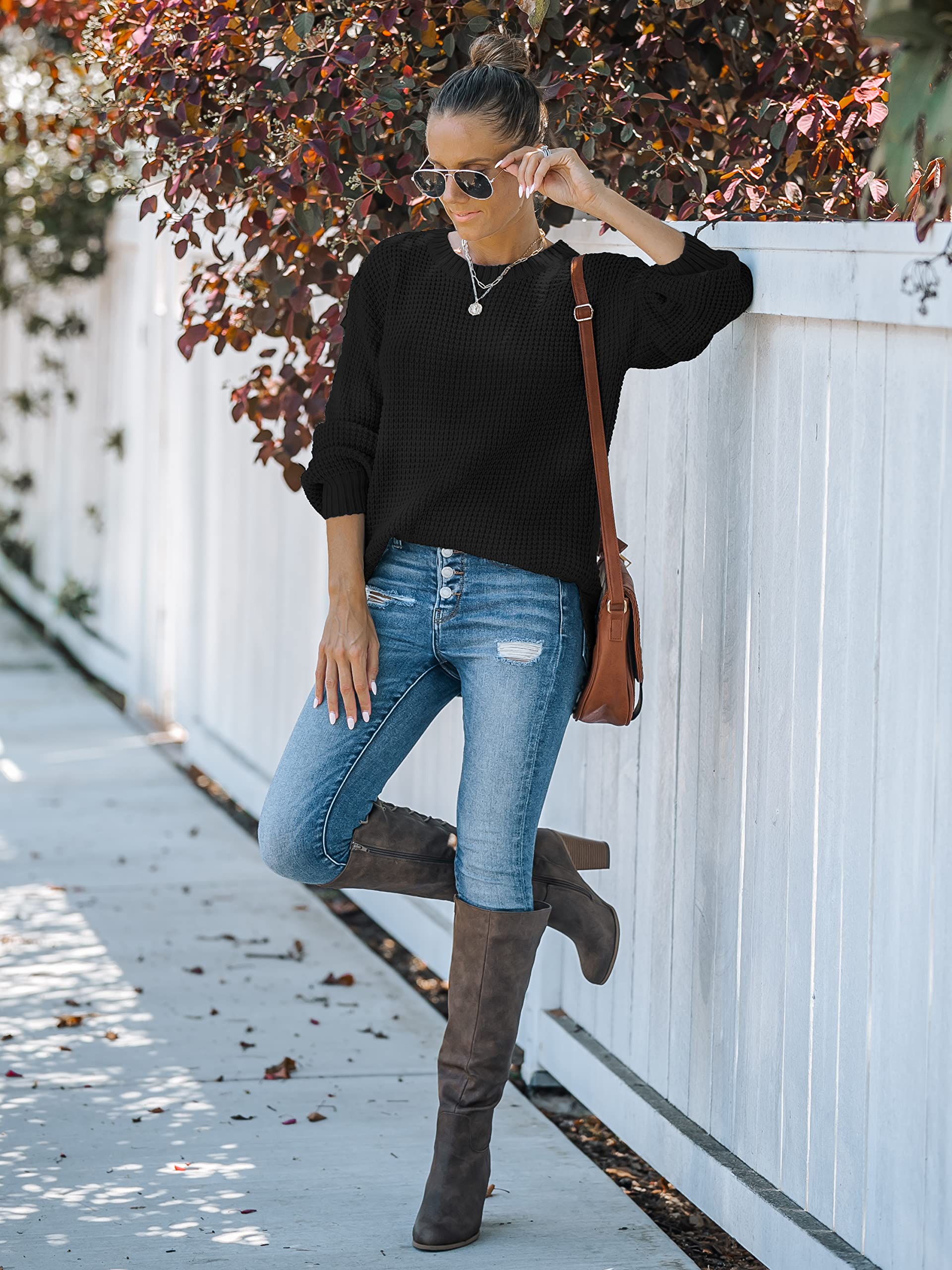MEROKEETY Women's 2024 Fall Waffle Knit Sweater - Long Balloon Sleeve Loose Pullover Jumper - Casual Knitted Top for Autumn | Perfect for Coffee Dates, Office Wear & Weekend Outfits
