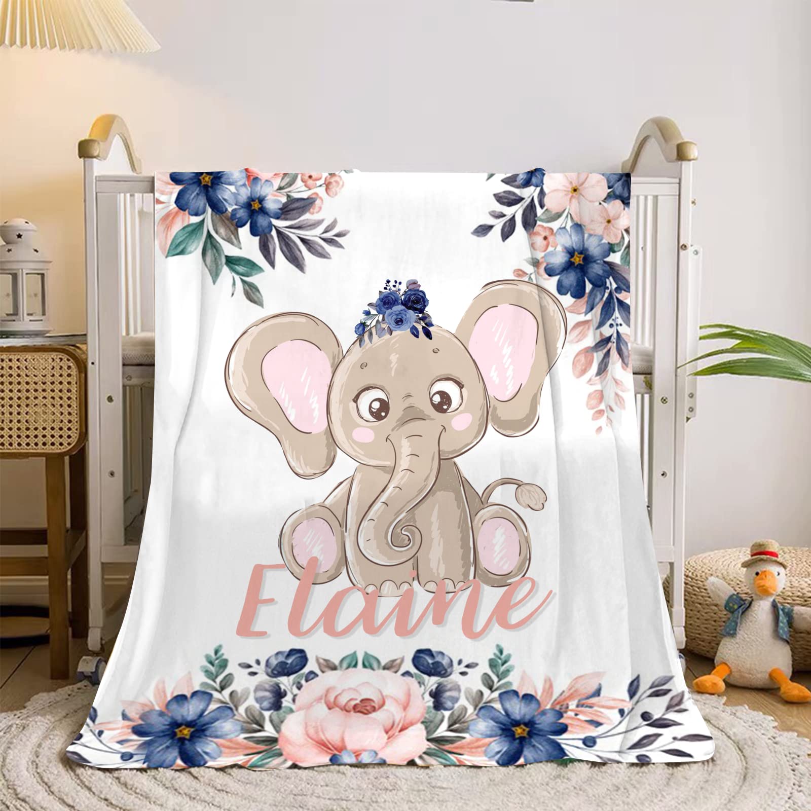 Personalized Baby Blanket with Name - Custom Soft Elephant Baby Blanket for Boys & Girls - Perfect for Nursery, Gift, and Travel