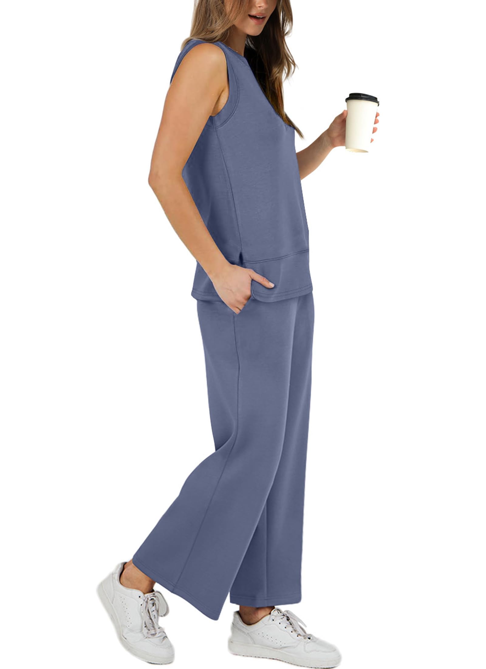 XIEERDUO Women's 2 Piece Tracksuit Set - Summer Sleeveless Lounge Outfit with Wide Leg Pants, Casual Matching Sweatsuit for Women (Blue) - Perfect for Yoga, Gym, Travel & Home Relaxation