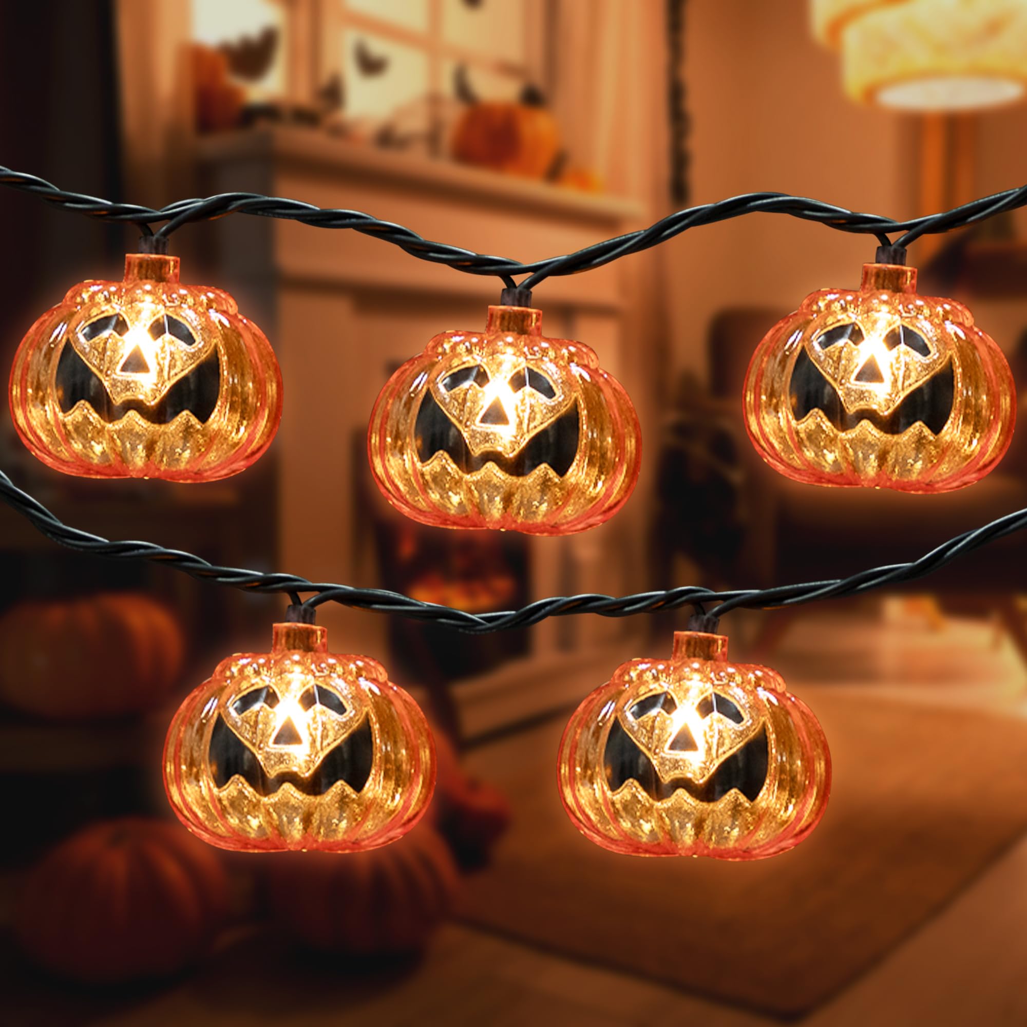 Northlight Jack O'Lantern Halloween Lights - Clear LED String Lights with 7.5' Black Wire - Perfect for Indoor/Outdoor Halloween Decorations, Parties & Pumpkin Displays