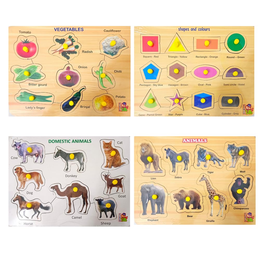 4-Piece Wooden Learning Puzzle Set for Kids & Adults - Educational Wooden Toys for Toddlers 3+ Years (Vegetable, Wild Animal, Domestic Animal, Shapes) - Perfect for Early Childhood Development & Family Game Night