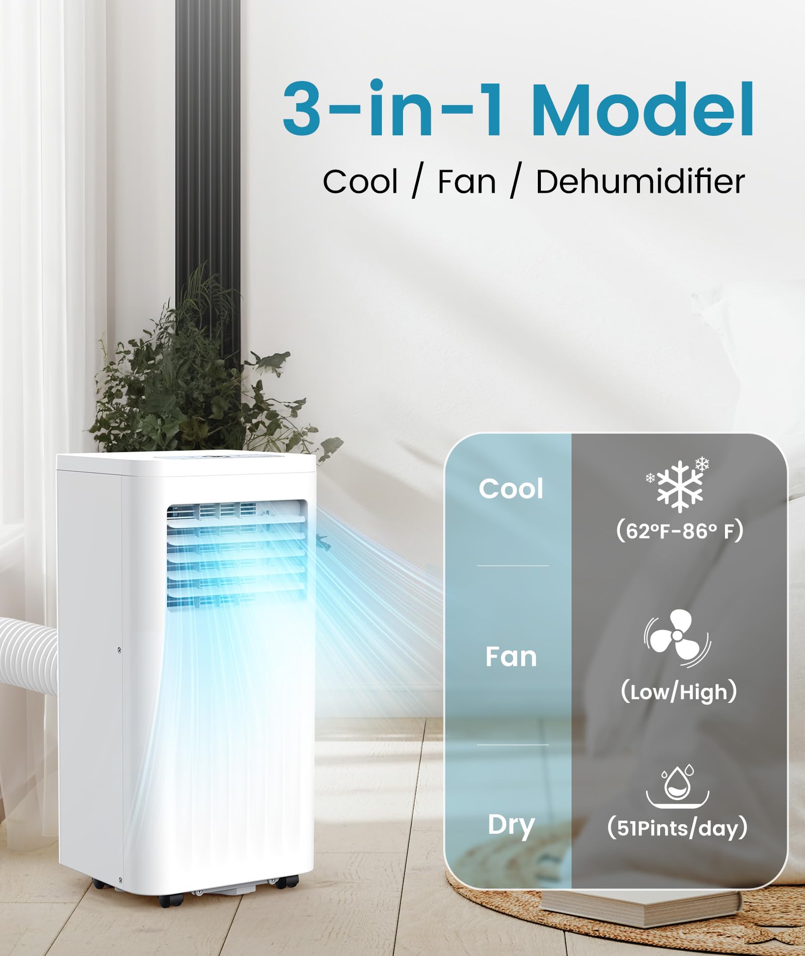 Joy Pebble 8000 BTU Portable Air Conditioner - Cooling, Fan & Dehumidifier for Rooms Up to 350 Sq.Ft | Ultra Quiet ≤55dB with Sleep Mode, 24H Timer, Digital Display & Remote Control | Perfect for Bedrooms, Home Offices & Small Apartments