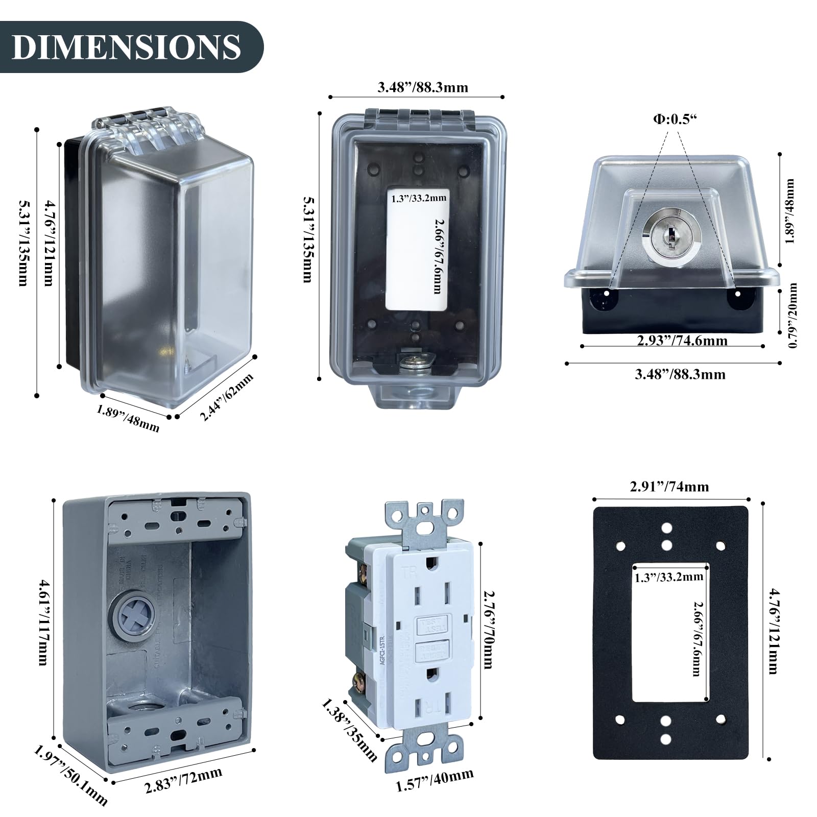 Weatherproof Electrical Outlet Cover with Lock - Baby Proof Outlet Lock Box for Indoor & Outdoor Use - Universal Fit for 2.6