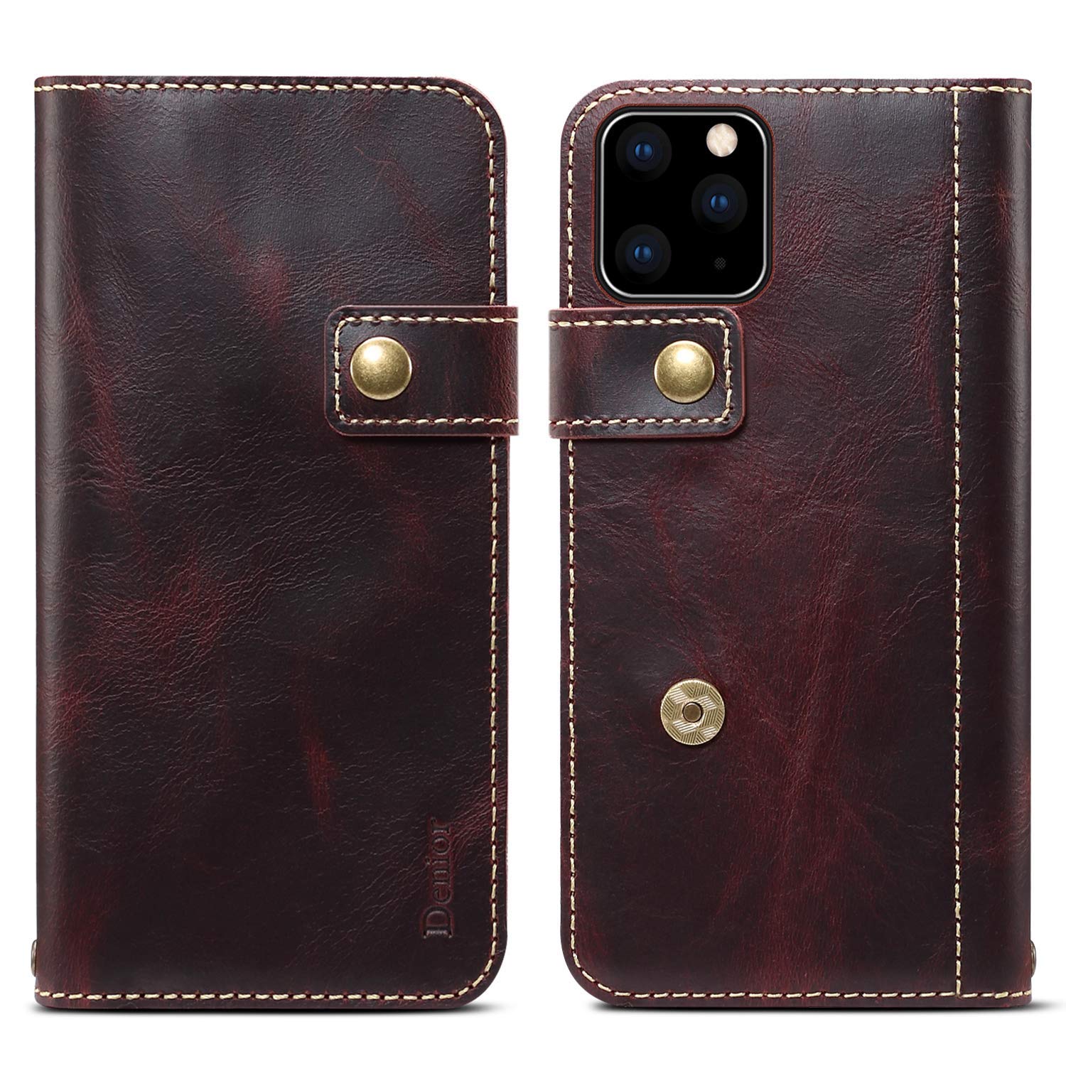 Bpowe Genuine Leather Magnetic Wallet Case with Hand Strap & Card Holder for iPhone 11 Pro Max 6.5