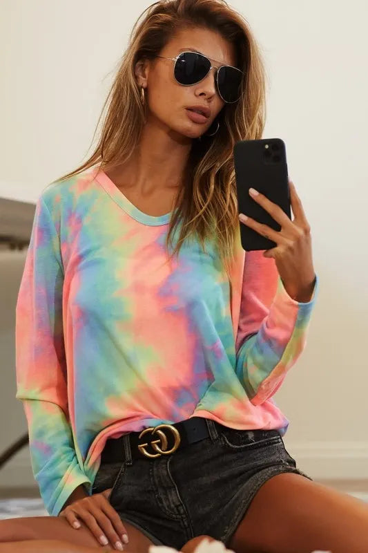BiBi Tie Dye French Terry Long Sleeve Knit Top - Soft Casual Women's Pullover Sweatshirt for Fall & Winter | Lounge, Streetwear, Layering Outfits