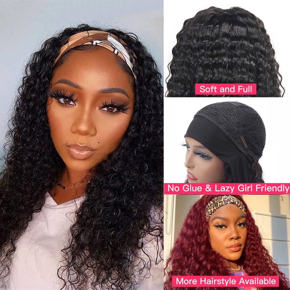 Headband Wigs Human Hair Deep Wave - 16 Inch Glueless Curly Half Wigs for Women | 180% Density Machine Made Natural Color Wig | Perfect for Daily Wear, Parties & Cosplay
