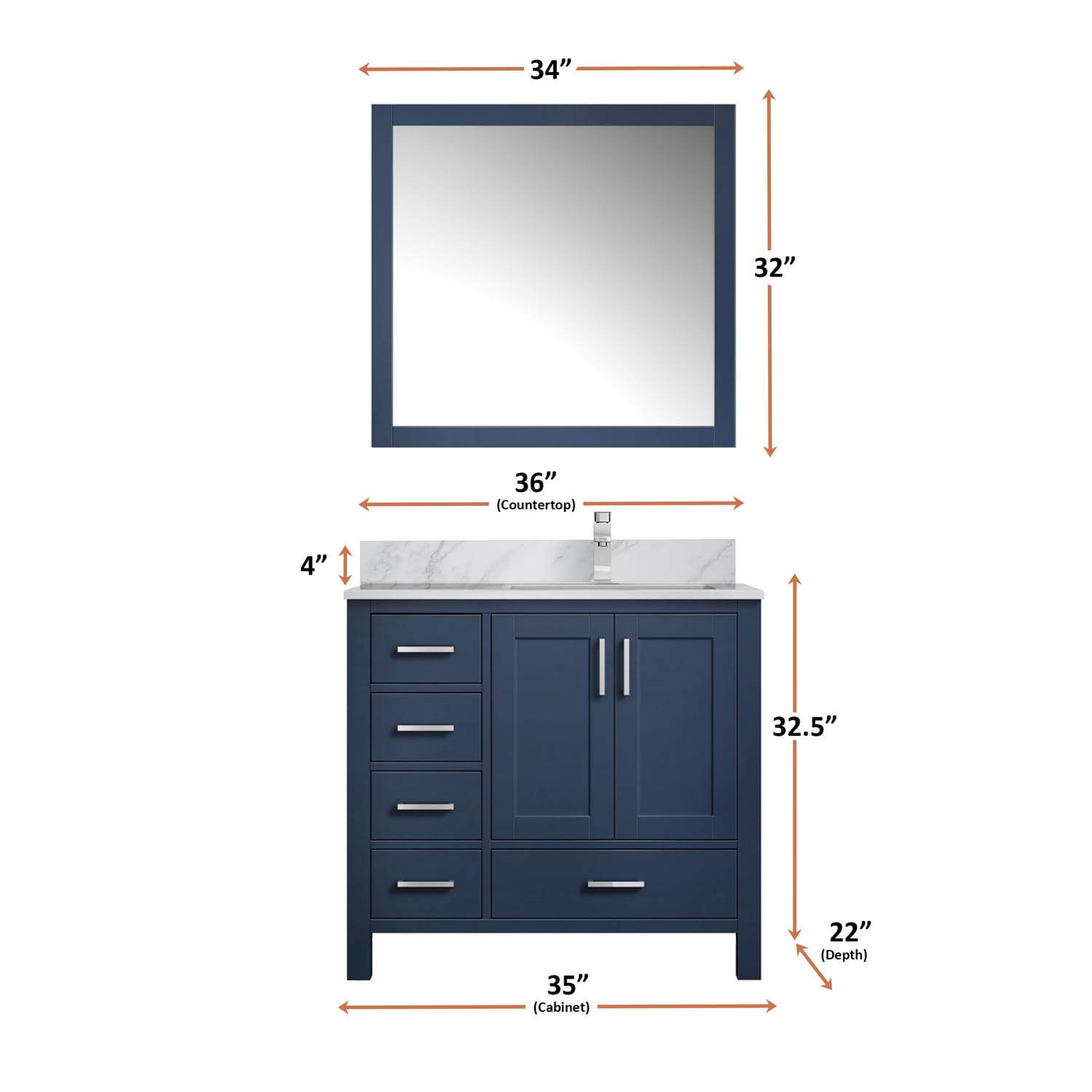 Jacques 36-inch Navy Blue Single Bathroom Vanity Without Top & 34-inch Mirror - Right-Hand Version for Modern Home Bathroom Remodeling
