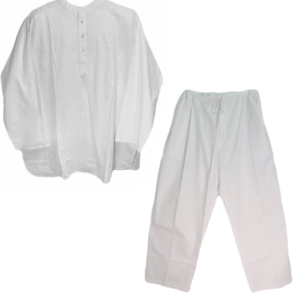 Men's White Indian Cotton Embroidered Nehru Collar Yoga Tunic & Pants Set - Comfortable Meditation & Lounge Wear for Yoga, Home Relaxation