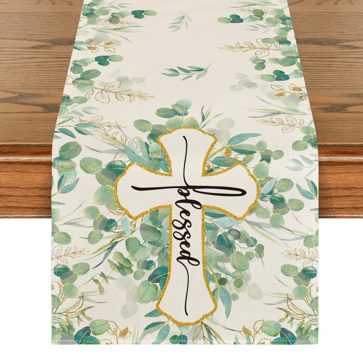 Blessed Cross Eucalyptus Table Runner - 13x72 Inch Spring Summer Seasonal Kitchen & Dining Table Decor for Home, Wedding, Party | Farmhouse & Boho Style Home Decoration