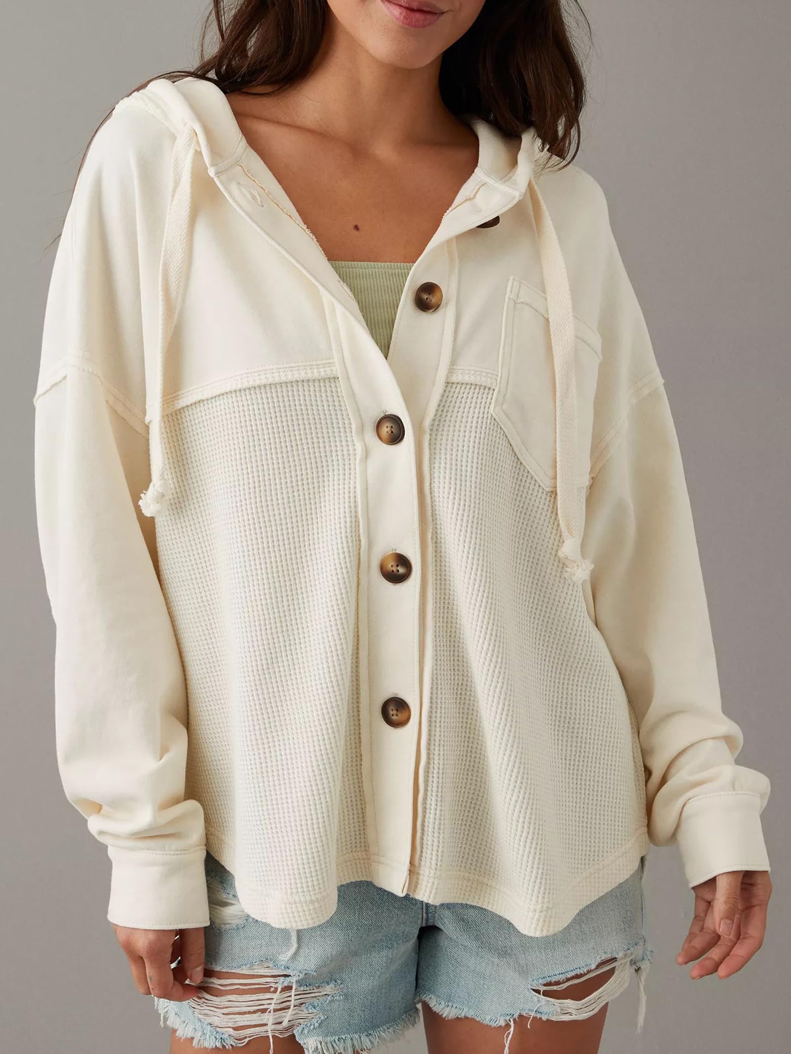 YEMOCILE Women's Waffle Knit Hooded Shacket - Oversized Long Sleeve Button Down Jacket Coat with Stitching Details | Casual Fall & Winter Outerwear for Layering, Street Style & Outdoor Activities