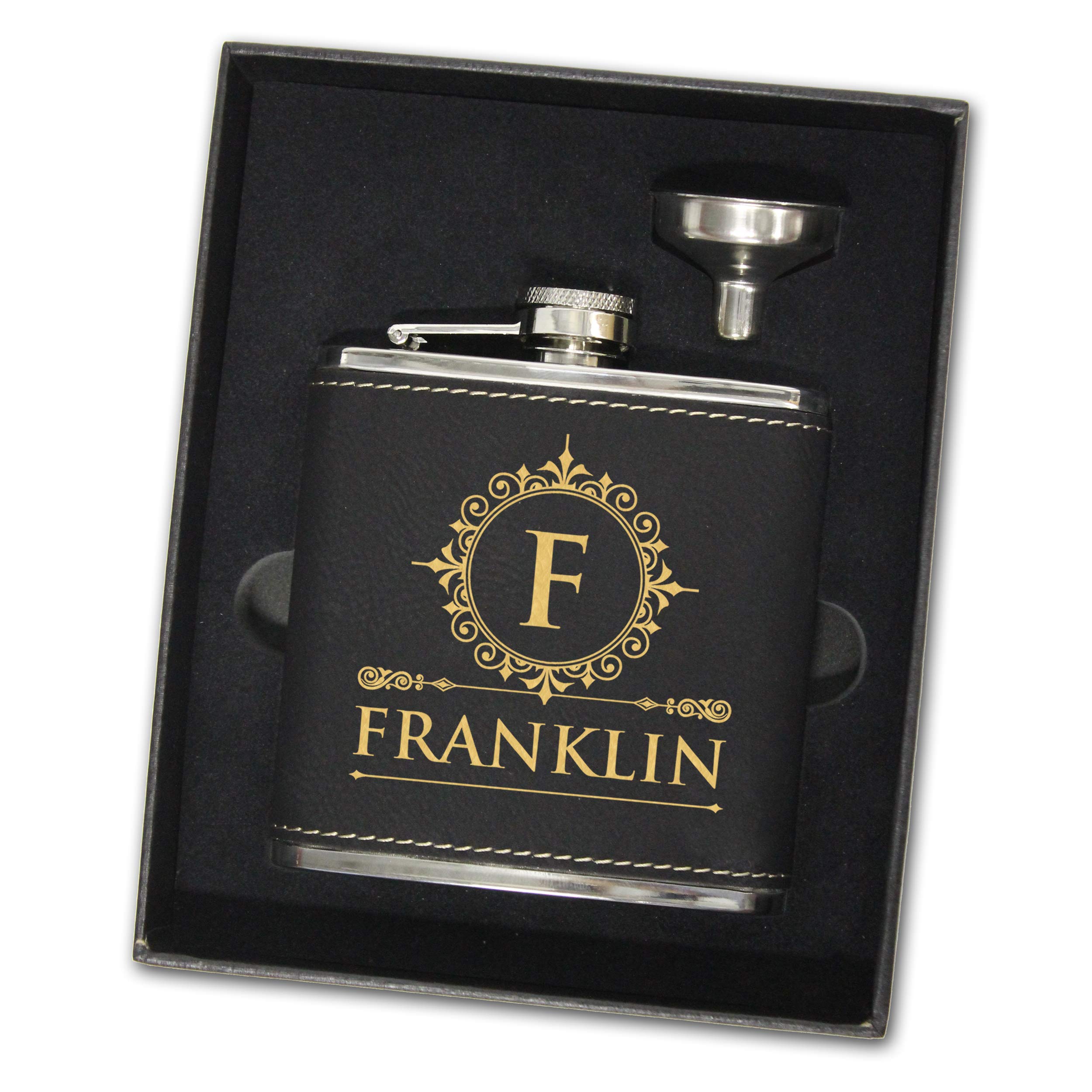 Premium Personalized Flask Gift Set with Funnel & Storage Box - Custom Engraved Name (Elegant Black with Gold Lettering) - Perfect for Weddings, Anniversaries & Corporate Gifts