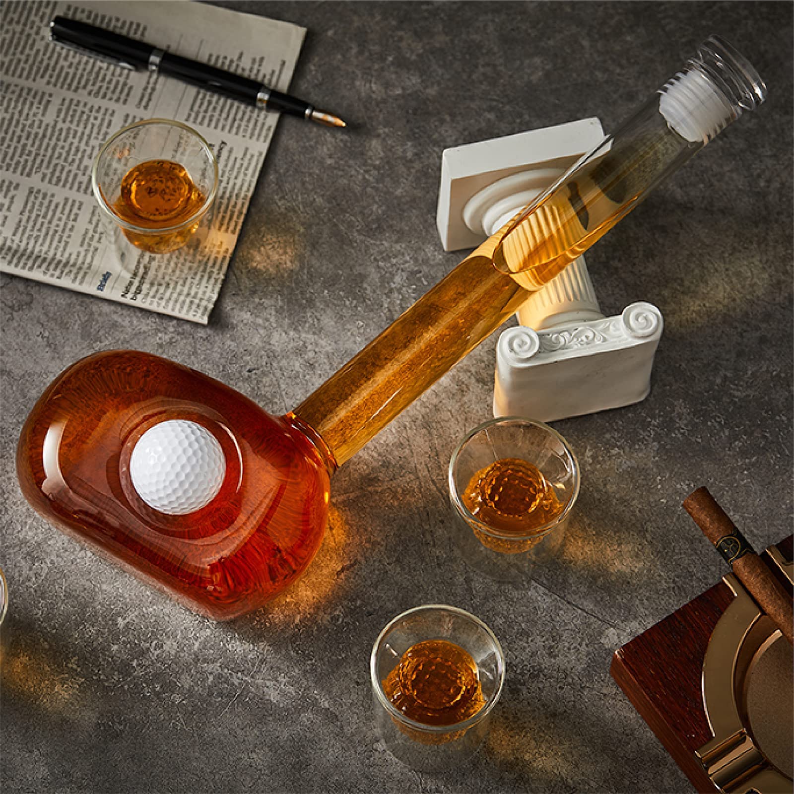 Premium Golf Whiskey Decanter Set with 4 Golf Ball Shot Glasses - 750ml Glass Liquor Dispenser for Bourbon, Scotch, Vodka & Tequila - Unique Golf Gifts for Men - Perfect for Father's Day, Birthday & Golf-Themed Parties