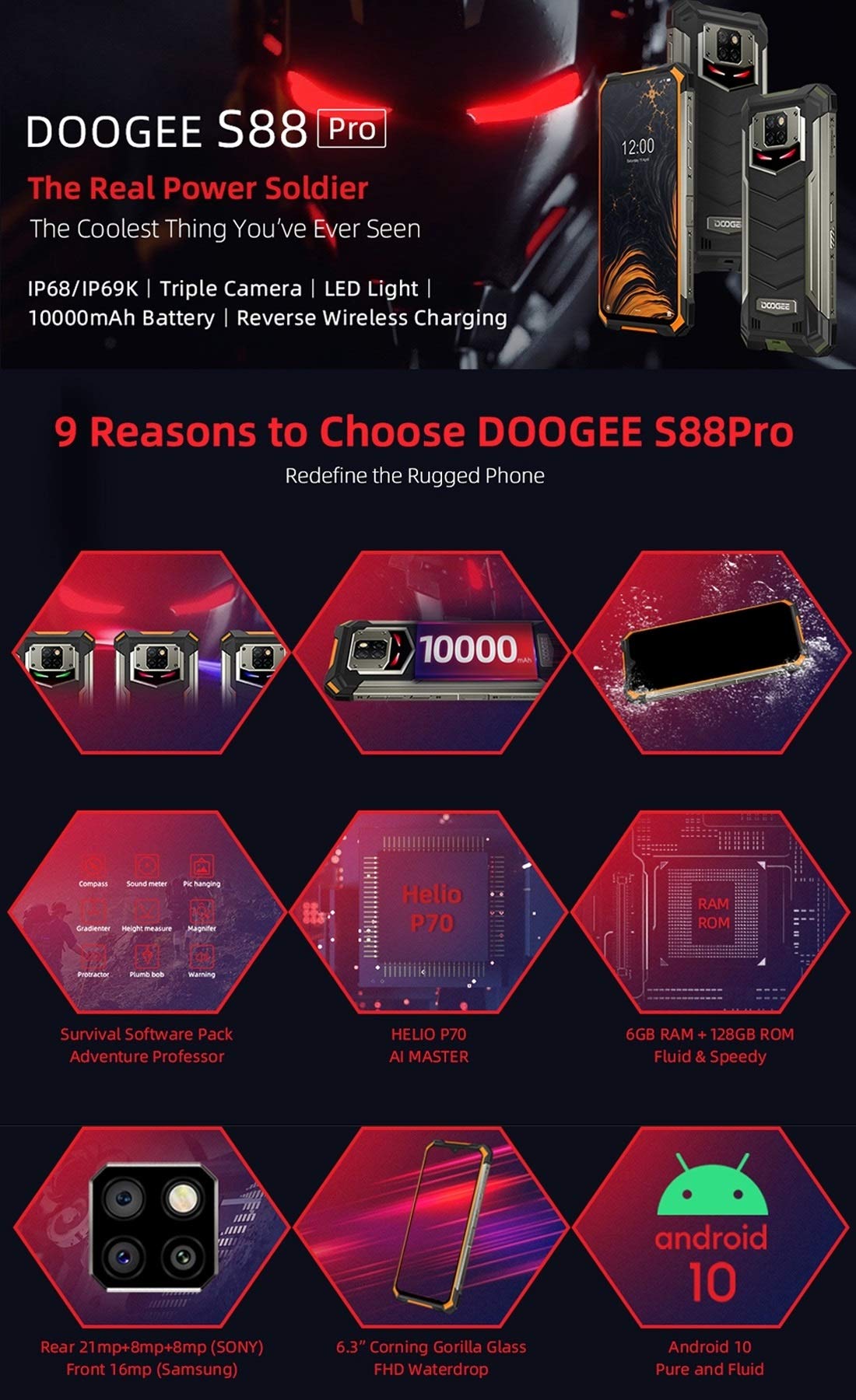 S88 Pro Rugged Smartphone 6GB+128GB - IP68/IP69K Waterproof, Dustproof, Shockproof - MIL-STD-810G Certified - 10000mAh Battery - 6.3
