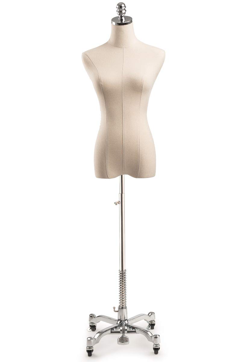 TSC Medium Chrome Female Dress Form Mannequin - Adjustable Natural Canvas Display on Rolling Metal Base for Fashion Design, Tailoring & Boutique Displays