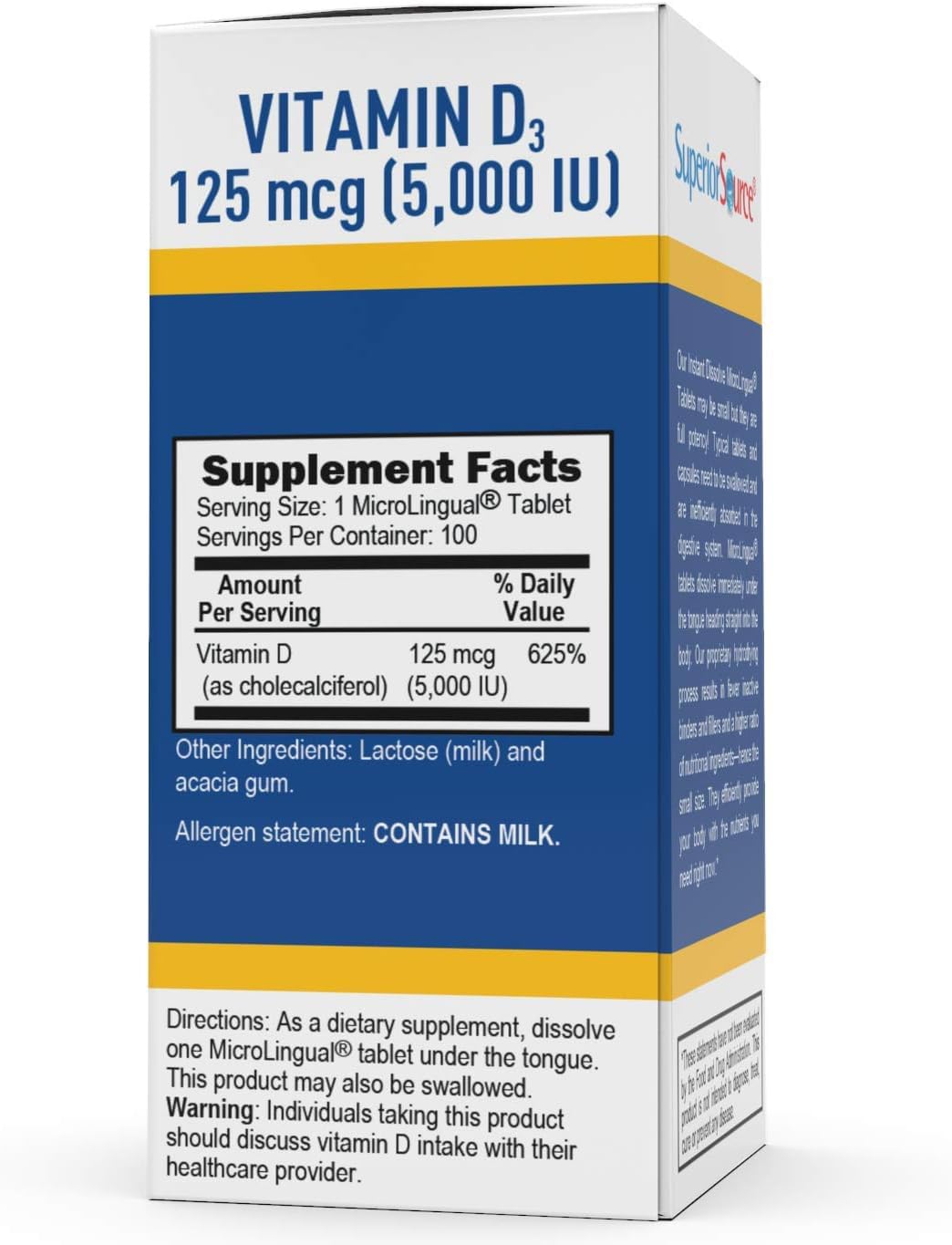 Superior Source Vitamin D3 5000 IU - Immune & Brain Support, Bone Health, Fast Dissolving Sublingual Tablets - Ideal for Bariatric Patients, Office Workers & Home Use - 100 Count