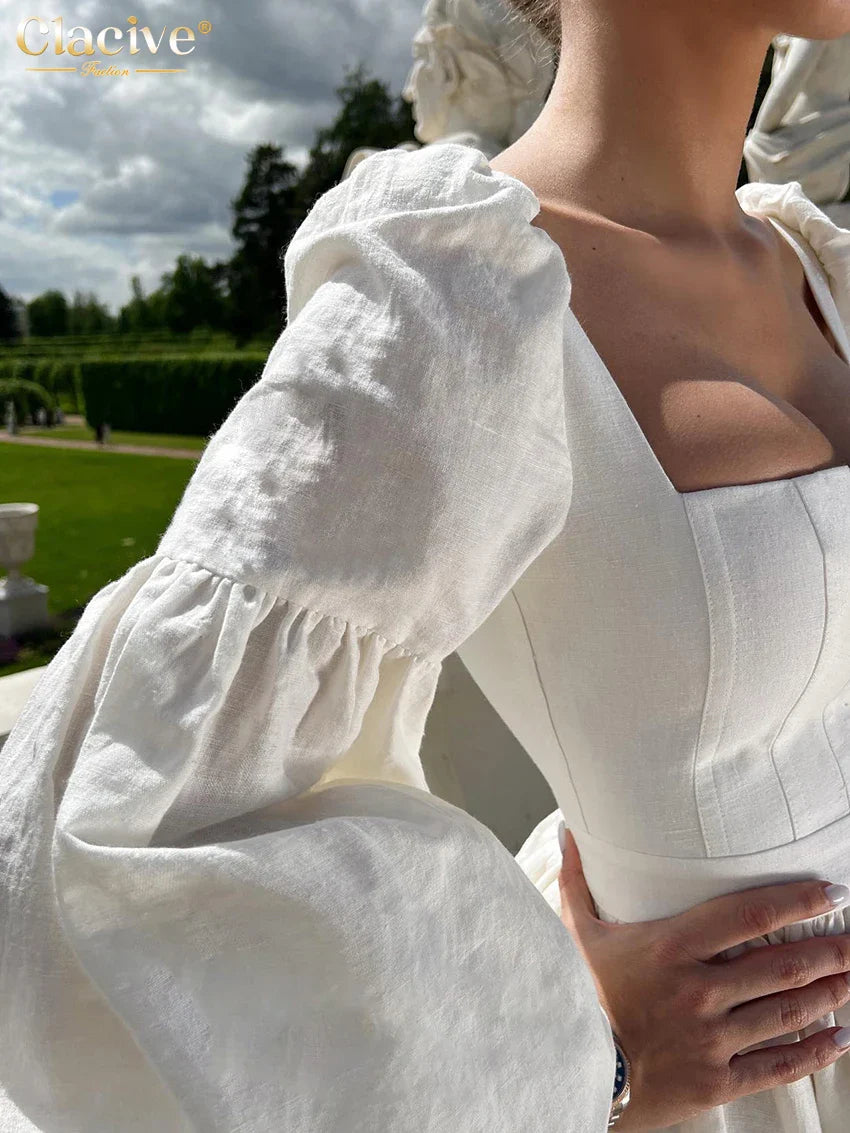 Clacive Sexy Slim White Cotton Mini Dress for Women - Square Collar, Puff Sleeve, High Waist Elegant Summer Dress 2024 | Perfect for Date Night, Cocktail Parties & Beach Vacations