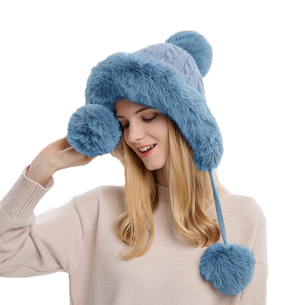 FASHIXD Women's Winter Beanie Hat with Ear Flaps - Faux Fur Crochet Skull Cap for Warmth | Cozy Outdoor Ski & Snow Hat with Pompoms | Perfect for Skiing, Snowboarding & Cold Weather Activities