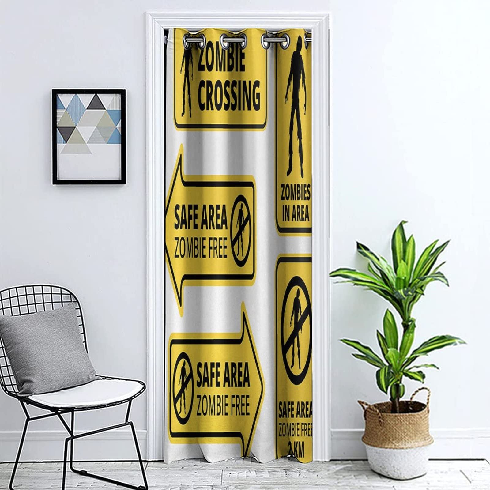Zombie Movie Design Blackout Door Curtain - 39x78 Inch Privacy Window Panel for Bedroom, Closet & Doorway - Grommet Top, Safe Zone Sign Print - Perfect for Halloween Decor & Horror Fans