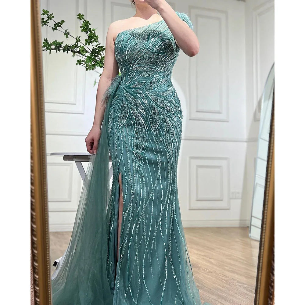 Serene Hill Turquoise Mermaid Evening Gown with High Split & Beaded Feather Skirt - Women's Sexy Party Dress 2025 (LA71955) | Perfect for Prom, Gala & Formal Events
