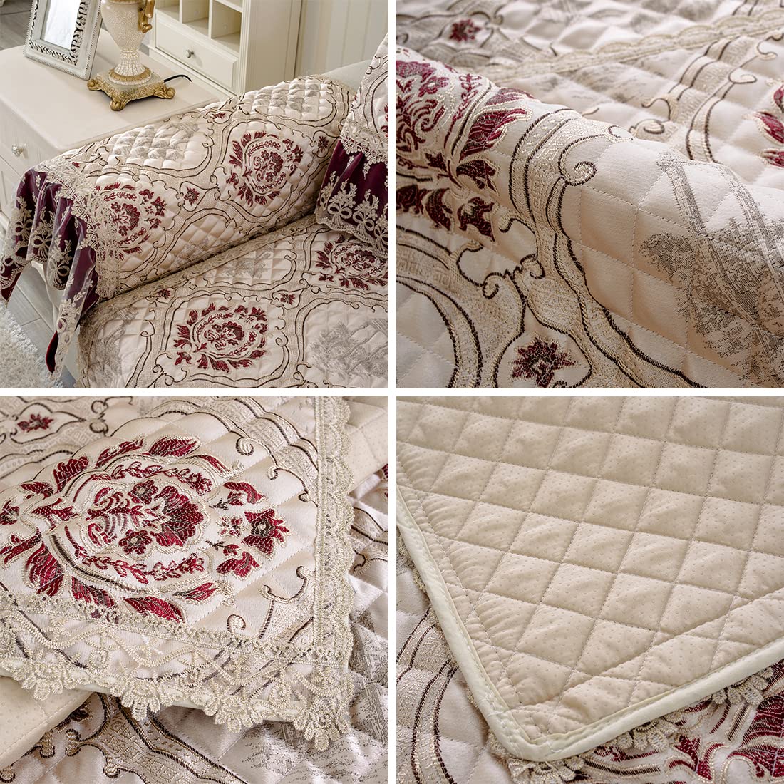 VCTOPS Classic Floral Jacquard Sofa Cover with Lace Ruffles - Luxury Non-Slip Quilted Sectional Couch Slipcover - Furniture Protector for Living Room (Wine Red, 24
