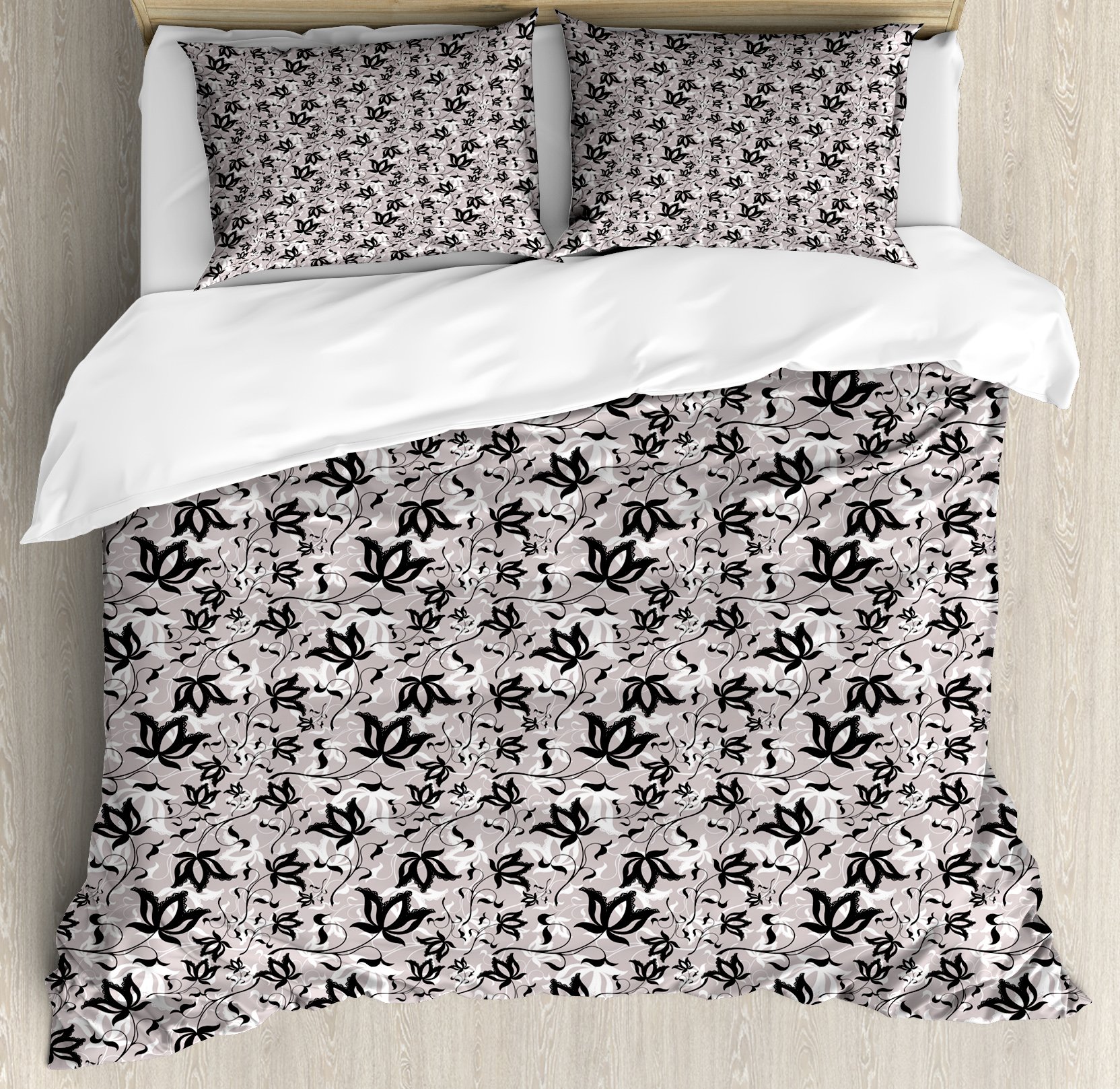 Ambesonne Floral Duvet Cover Set - Gothic Style Rose Petals Love & Romance Themed Bedding | King Size 3-Piece Set with 2 Pillow Shams in Pale Mauve Black White | Perfect for Gothic Bedroom Decor, Romantic Master Suite & Victorian Style Home